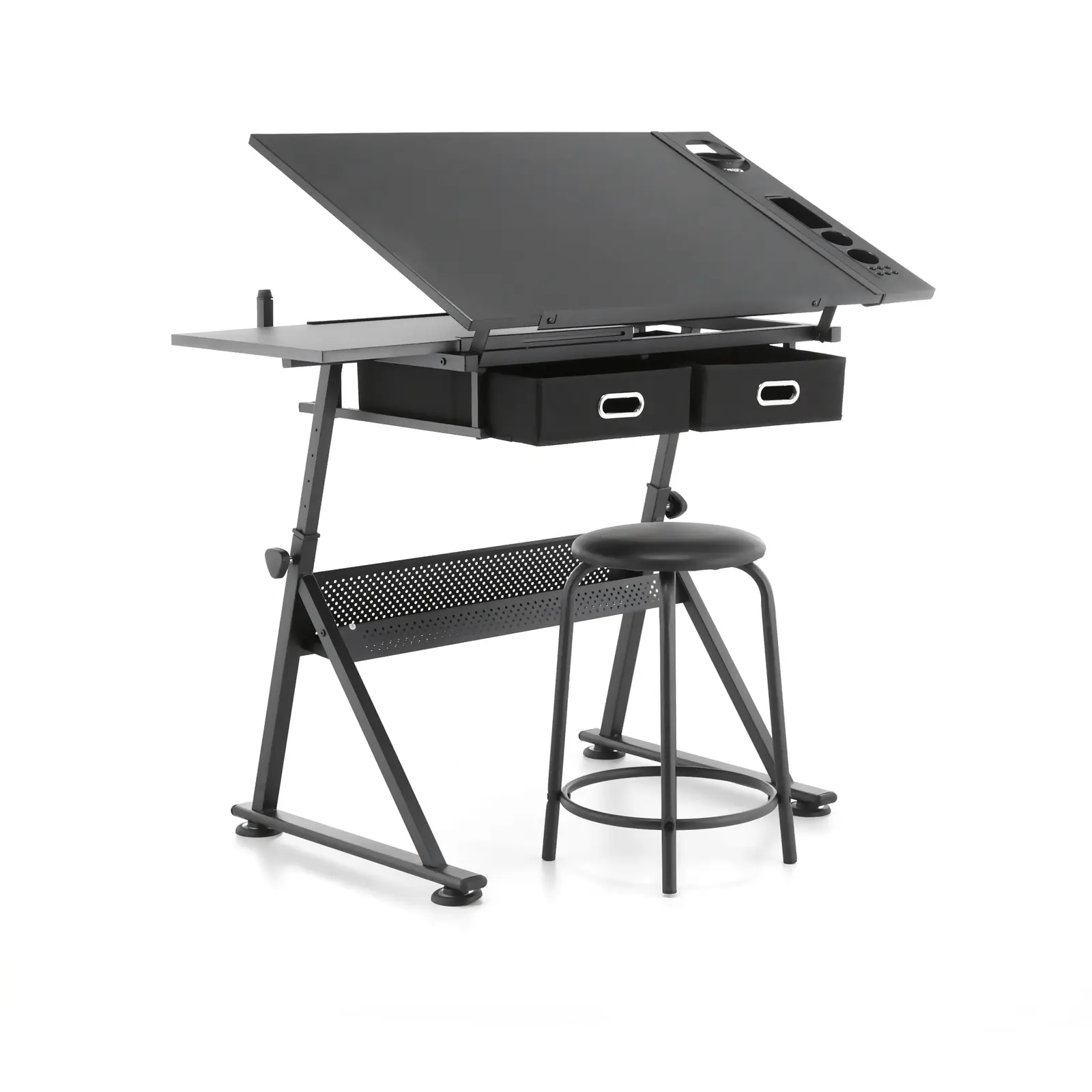 Zwarte 0°-60° kantelbare tekentafel met kruk en kluisjes, verstelbaar bureau voor tekenaar, architect