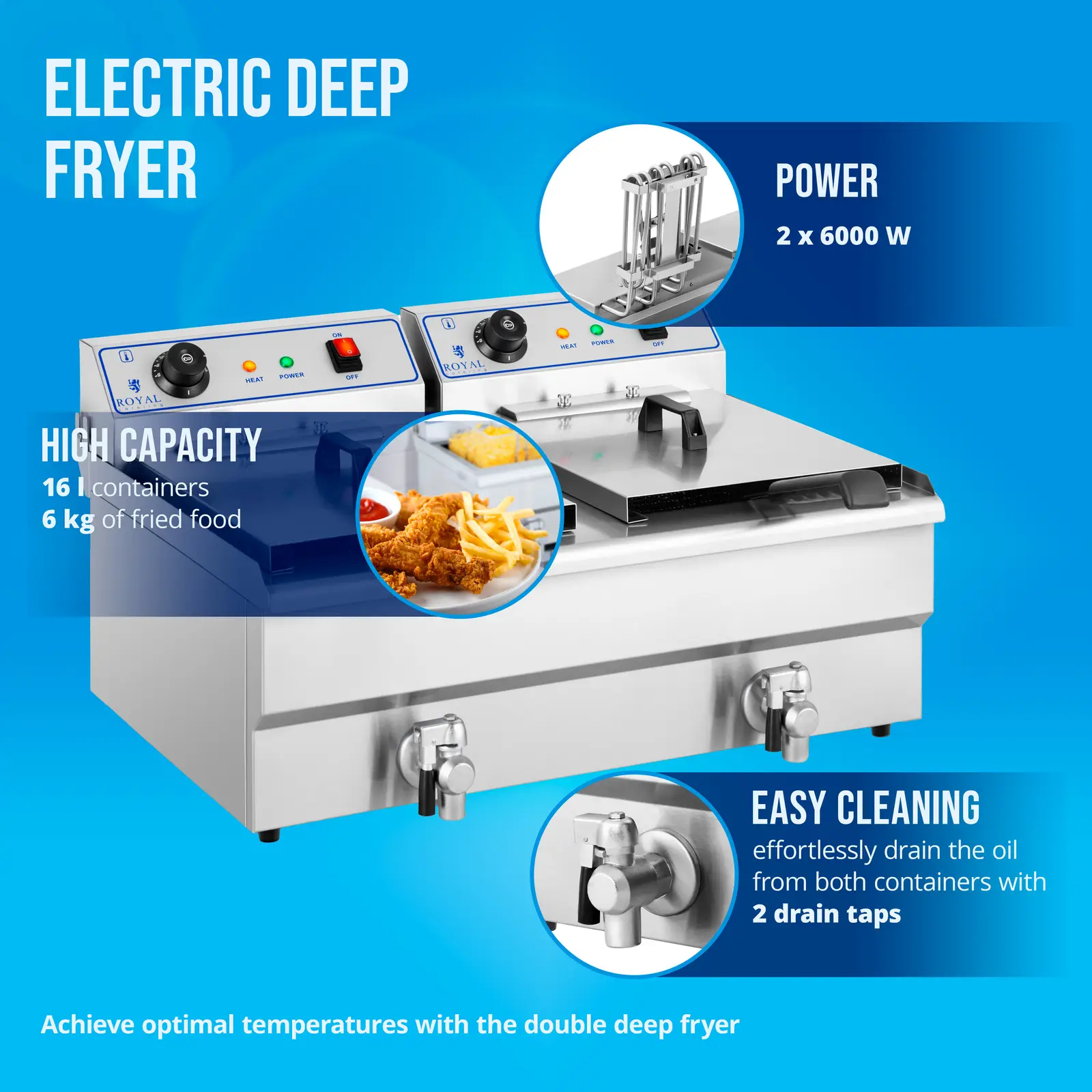 Elektrická dvojitá fritéza - 2 x 16 l - 13 000 W - 400 V - vypouštěcí kohout - Royal Catering (Výpustný kohout: Ano)