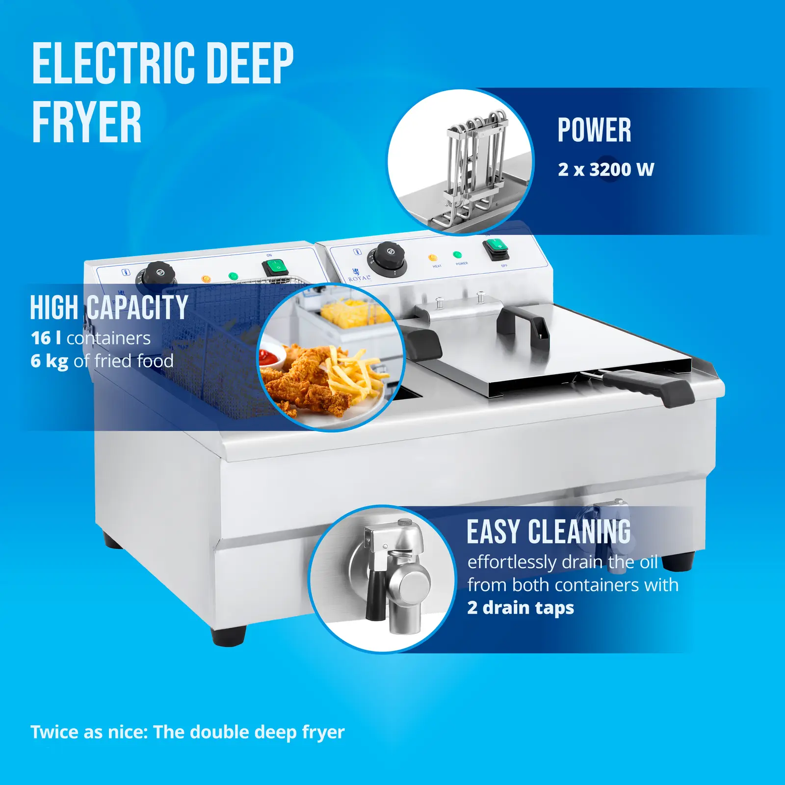 Friteuse double bac -  2 x 16 l - 6400 W - Robinet de vidange - Royal Catering (Cordon(s) d'alimentation: 1.3 m)