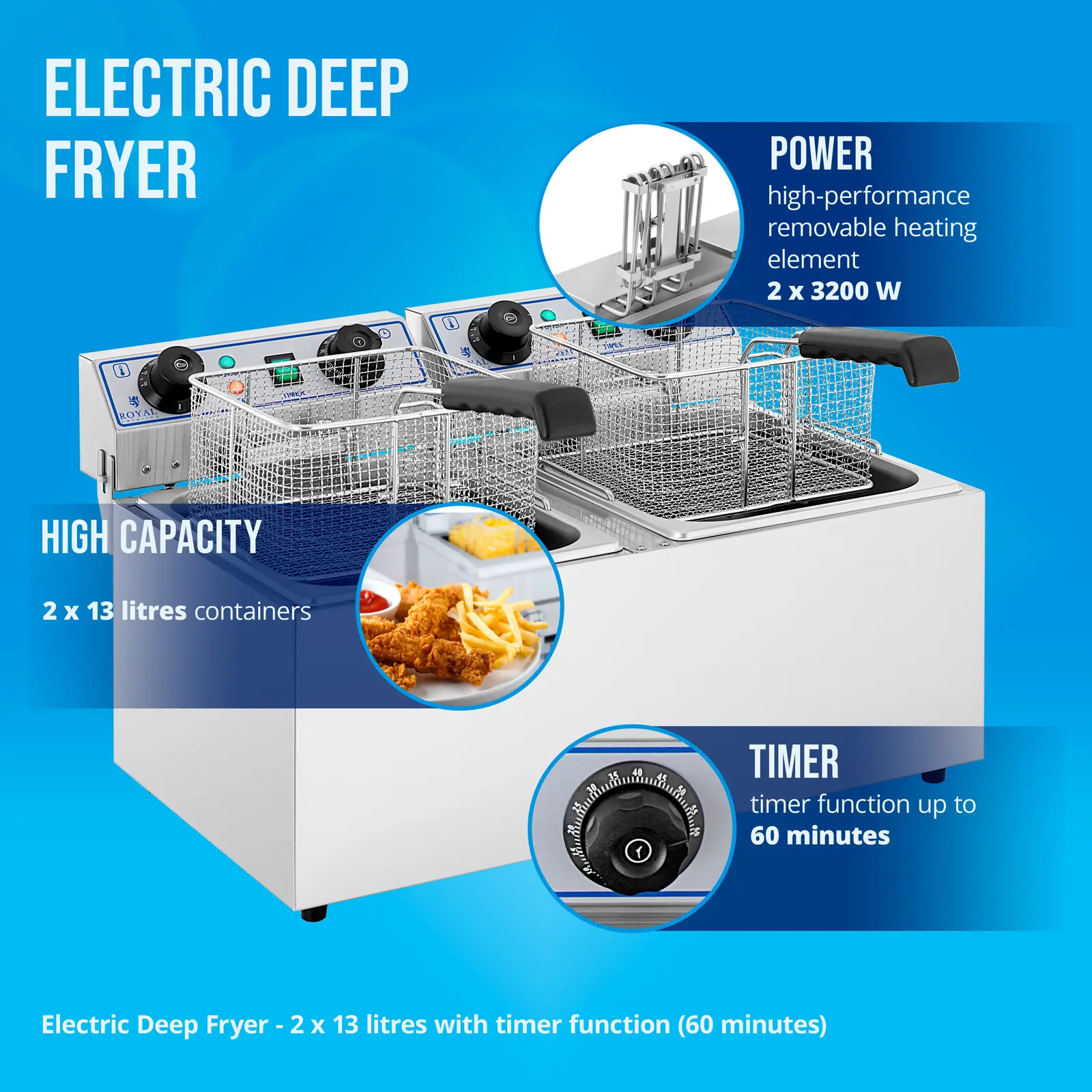 Elektrická dvojitá fritéza - 2 x 13 l - 6 400 W - časovač - Royal Catering (Výpustný kohout: Ne)