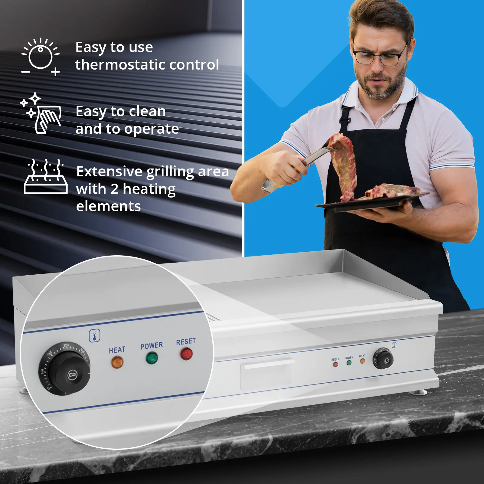 Elektrická grilovací deska - 100 cm - rýhovaná - 2 x 3,2 kW (Materiál: Ušlechtilá ocel)