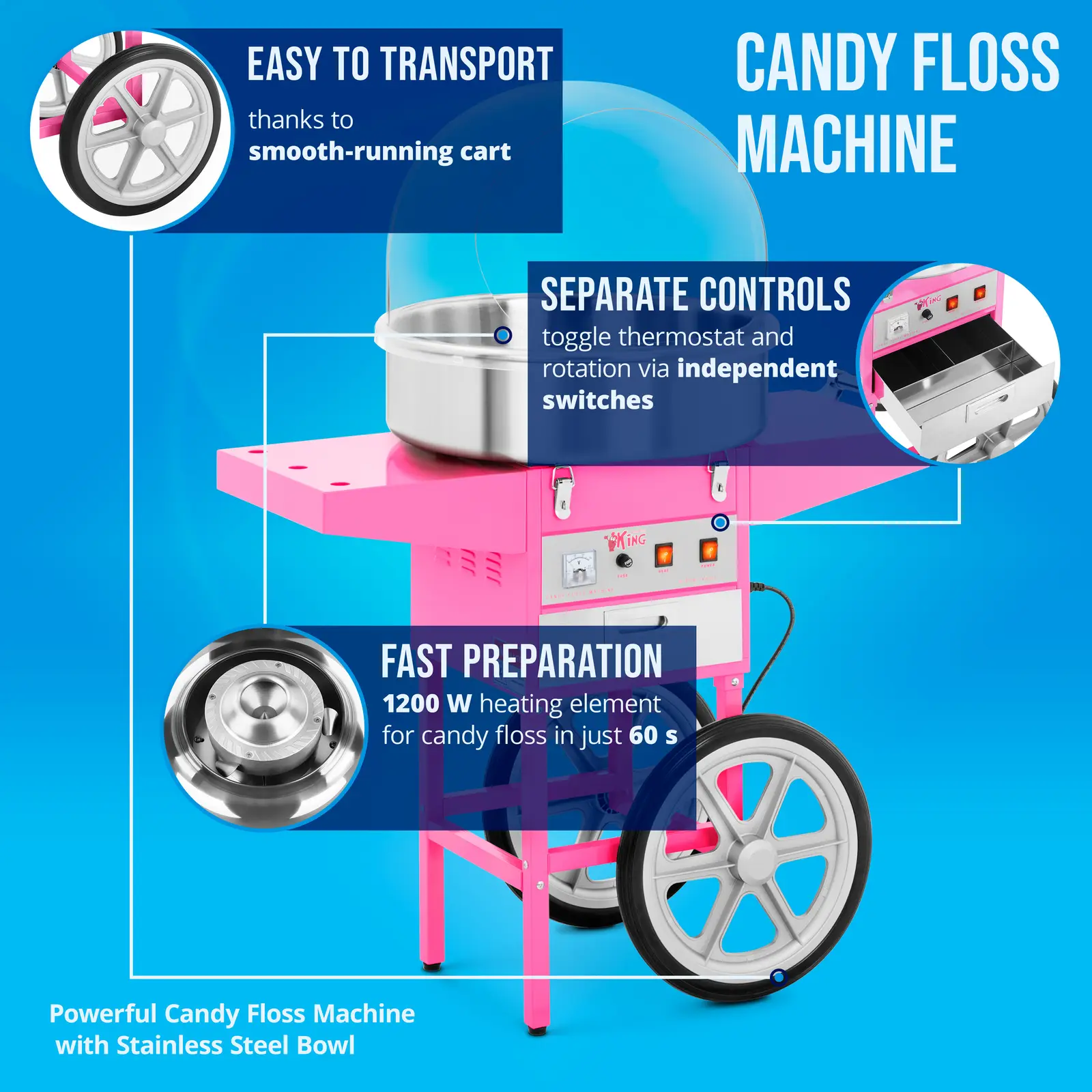 Candyfloss-maskine - sæt inkl. vogn og beskyttelseskuppel - 52 cm - 1.200 W