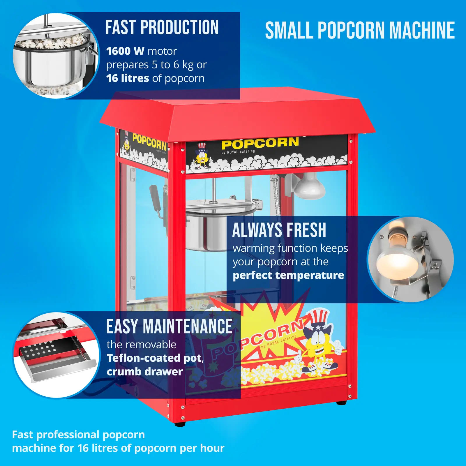 Small Popcorn Machine - 1600 W, stainless steel, tempered glass and Teflon