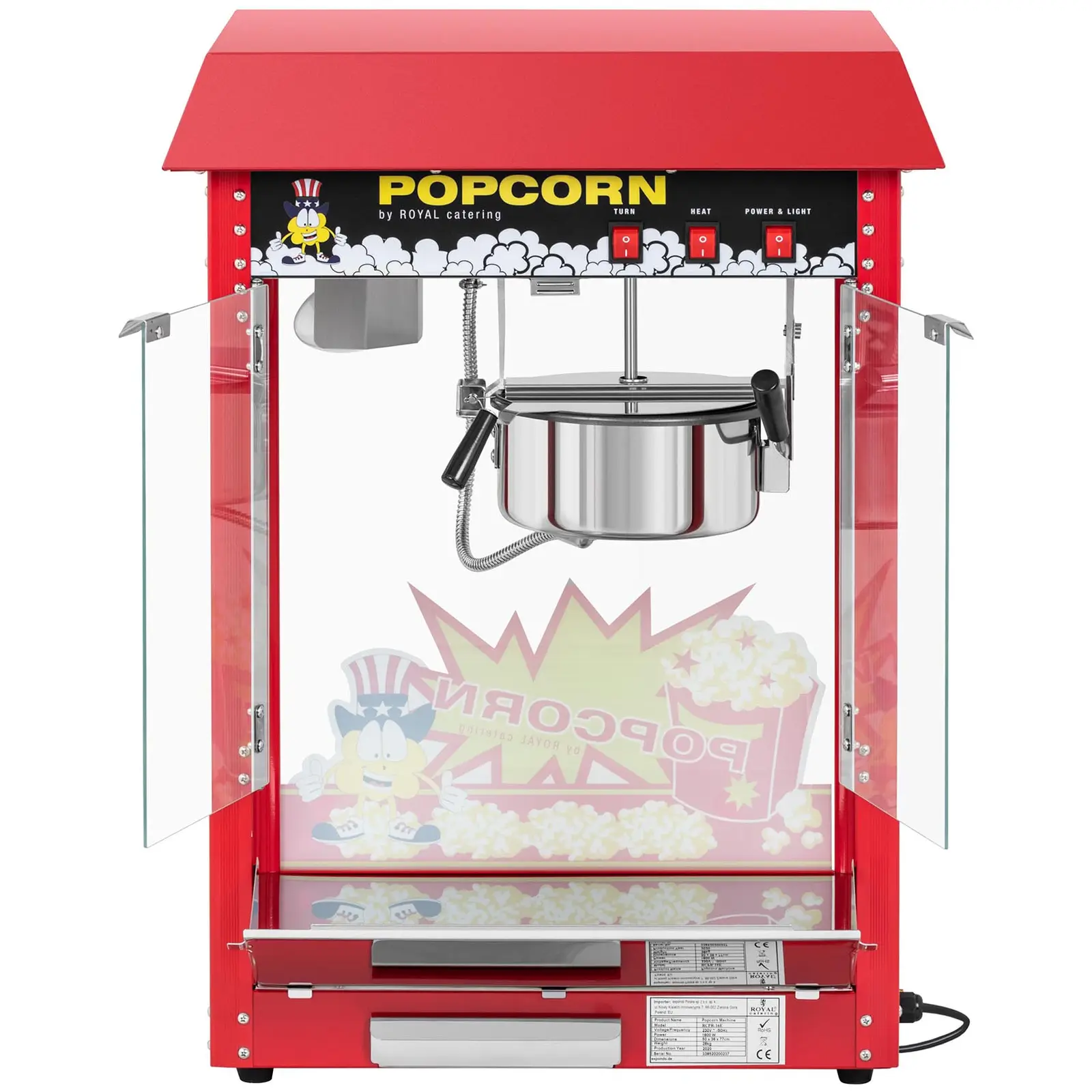 Small Popcorn Machine - 1600 W, stainless steel, tempered glass and Teflon