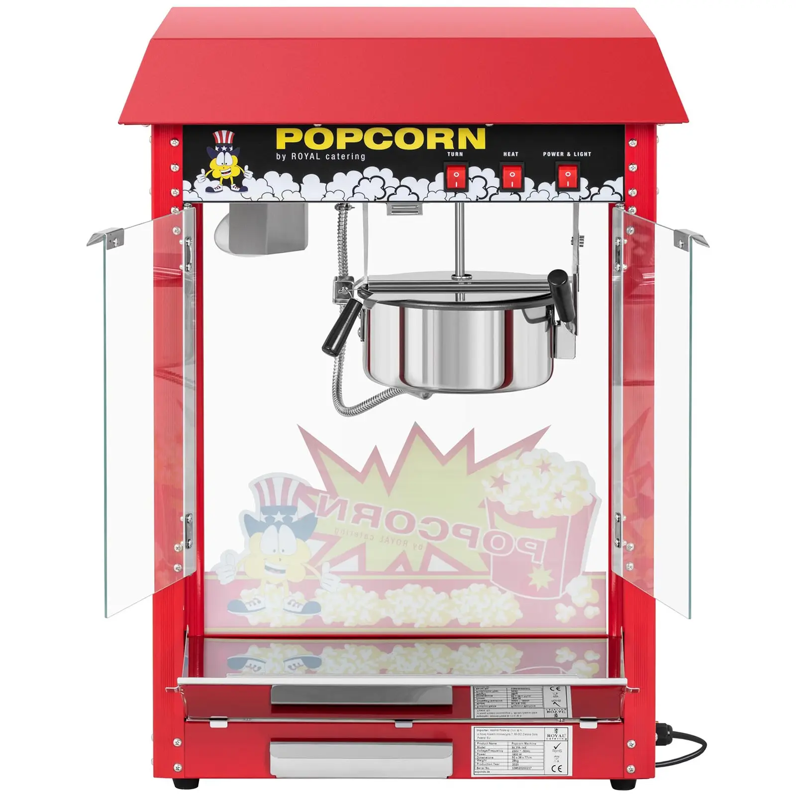 Pieni popcorn-kone - teho 1600 W - ruostumatonta terästä, karkaistua lasia ja teflonia