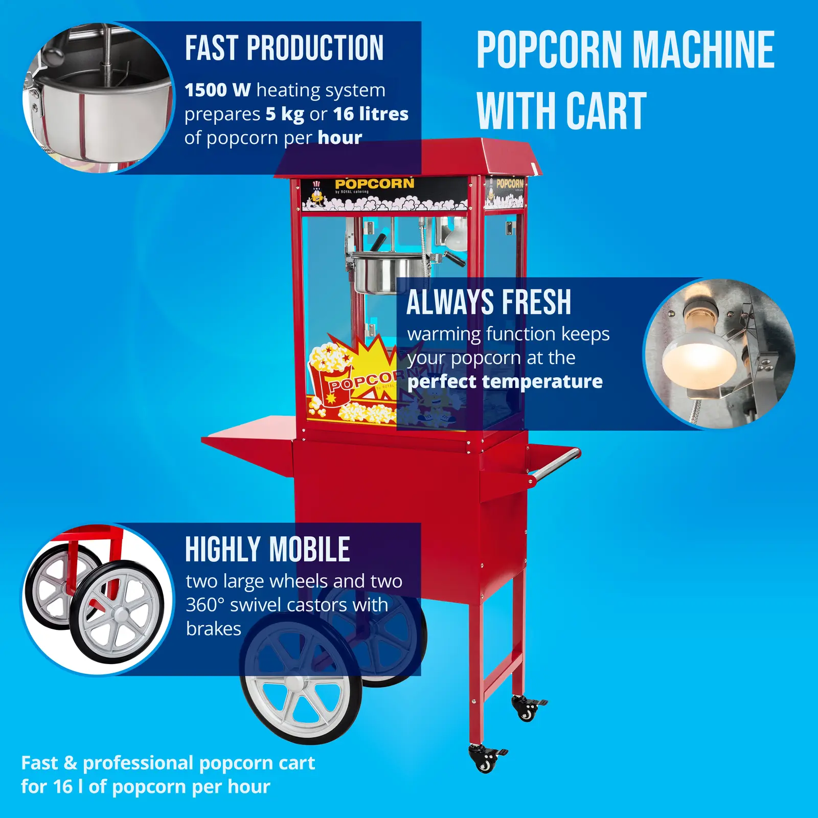 Popcornmaschine mit Wagen - 1500 W - 5 kg/h - rot - Royal Catering - 4