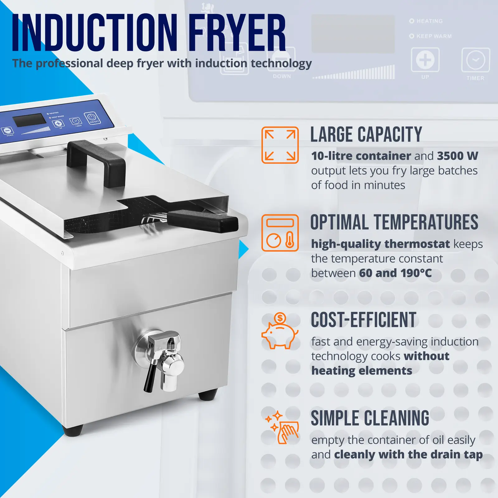 Friggitrice a induzione - 1 x 10 Litri - 60 fino a 190°C