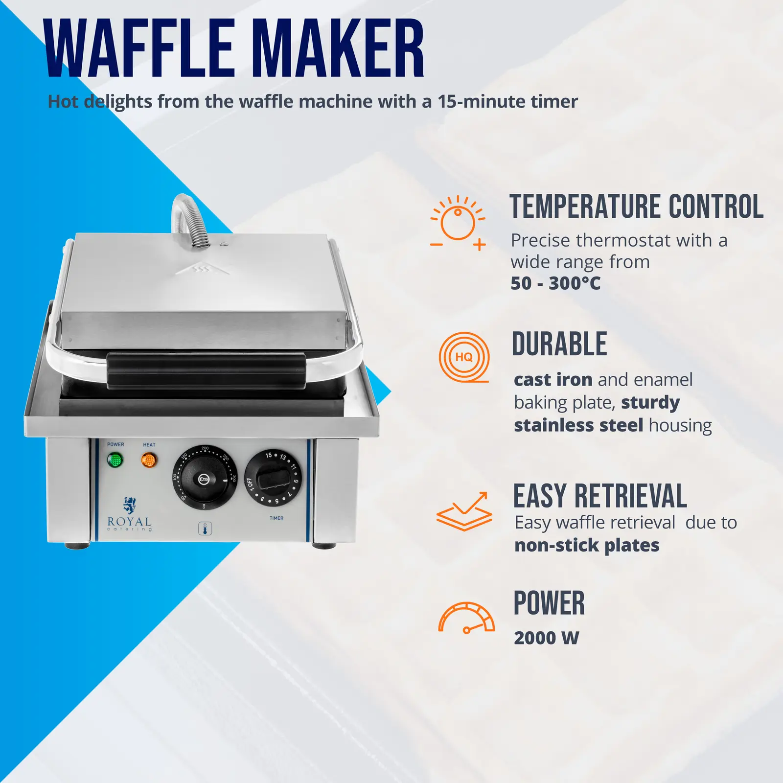 Waffeleisen - für belgische Waffeln - 2000 W - rechteckig - Royal Catering