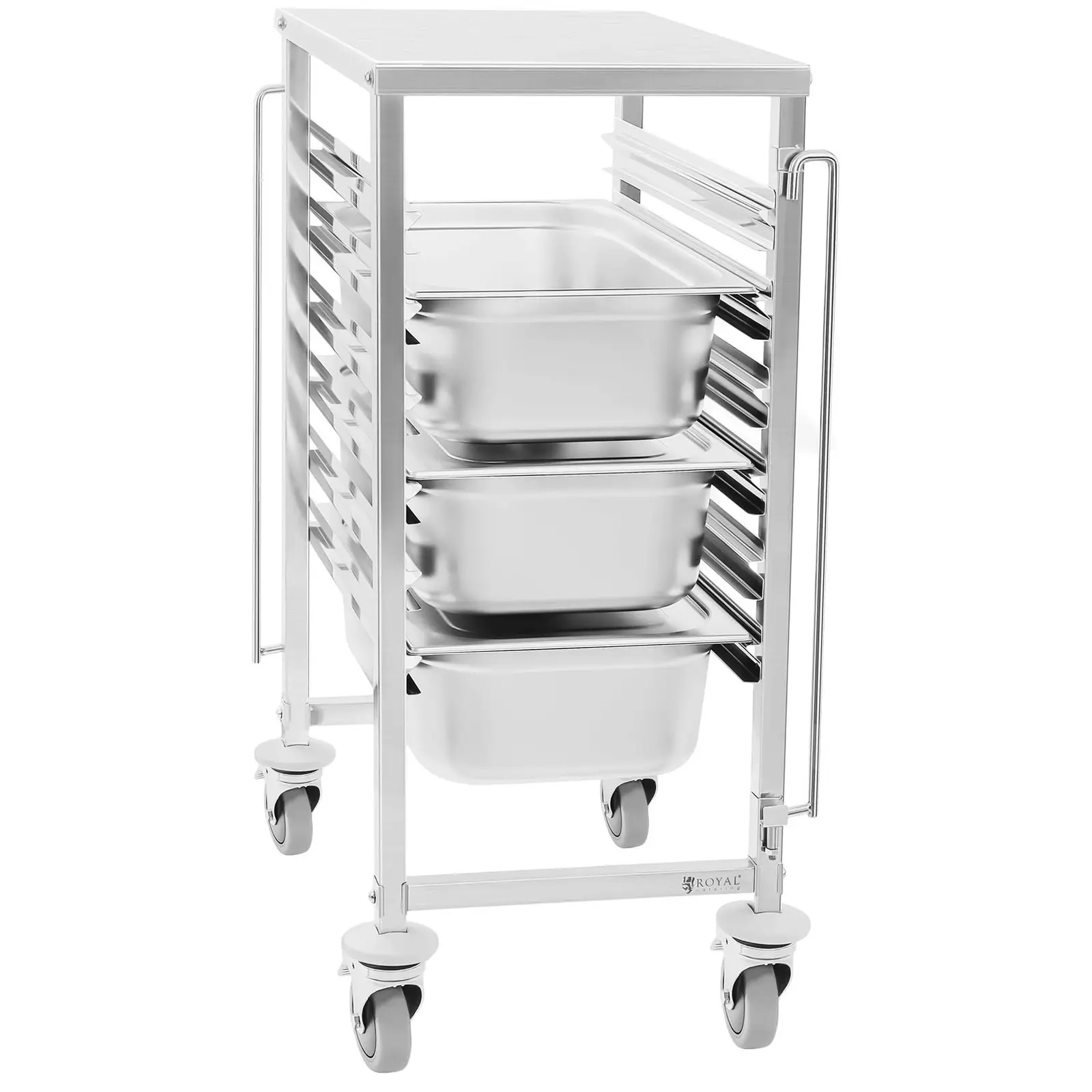 Charriot à plateaux - inox - pour 6 x GN 1/1 - Insertion longitudinale - 100 kg - 2 barres de sécurité - Royal Catering (Tapis anti-vibrations: Oui)