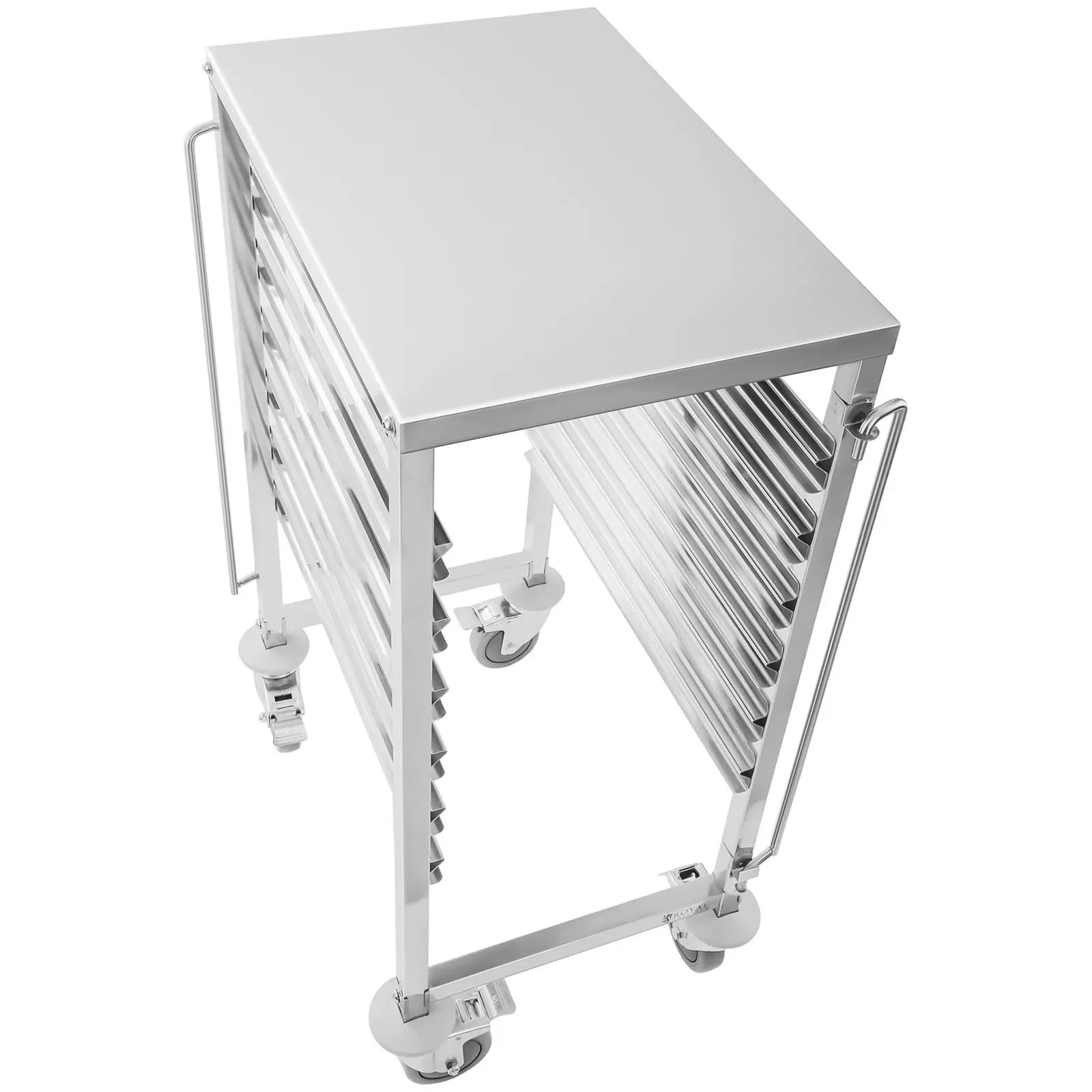 Charriot à plateaux - inox - pour 6 x GN 1/1 - Insertion longitudinale - 100 kg - 2 barres de sécurité - Royal Catering (Protection anticollision: Oui)