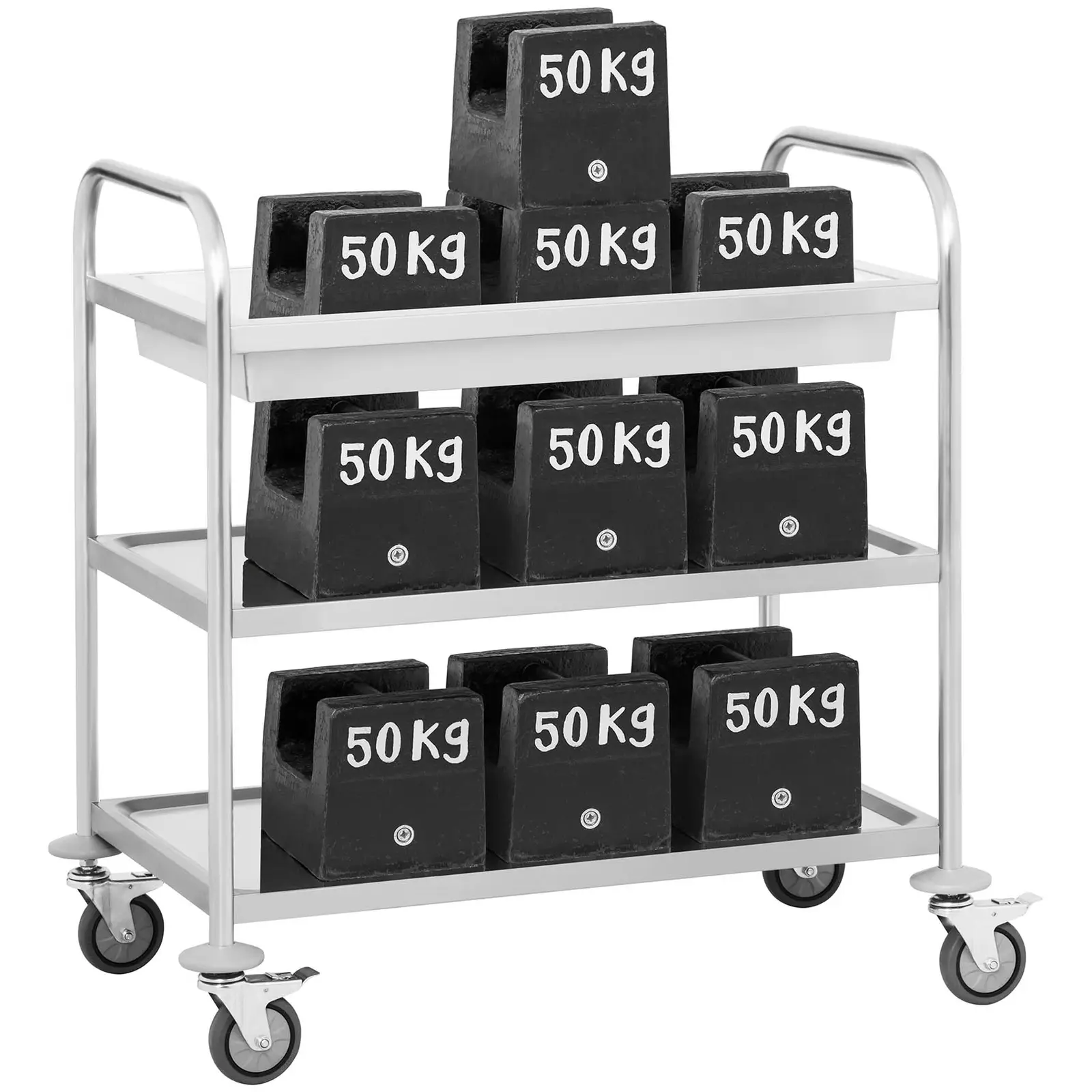 Tarjoiluvaunu - ruostumaton teräs - 2 tasoa + tyhjennyslokero - tasot: 82 x 50 cm - 500 kg - Royal Catering (Pyörien halkaisija: 100 mm)