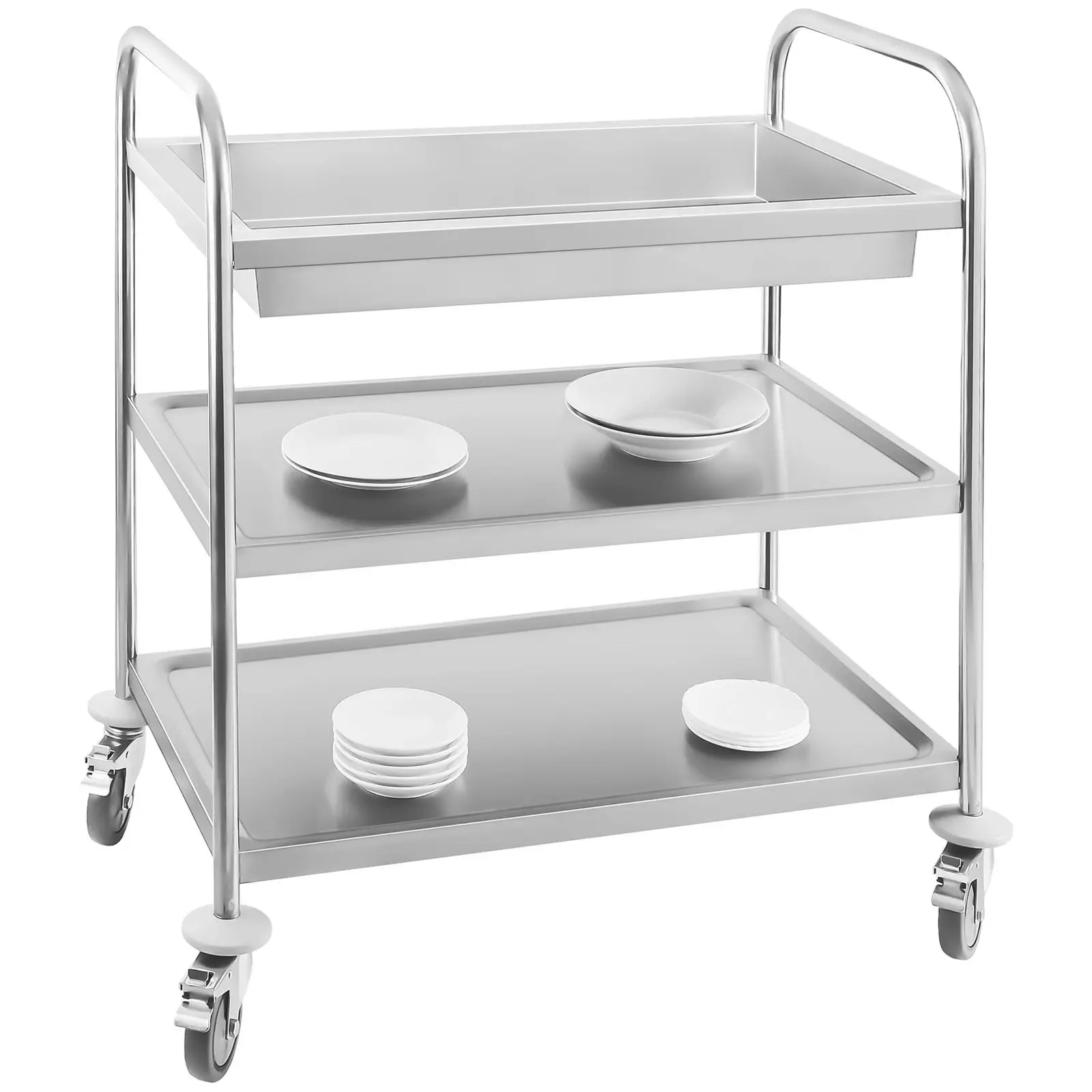 Tarjoiluvaunu - ruostumaton teräs - 2 tasoa + tyhjennyslokero - tasot: 82 x 50 cm - 500 kg - Royal Catering (Jarrujen lukumäärä: 4)