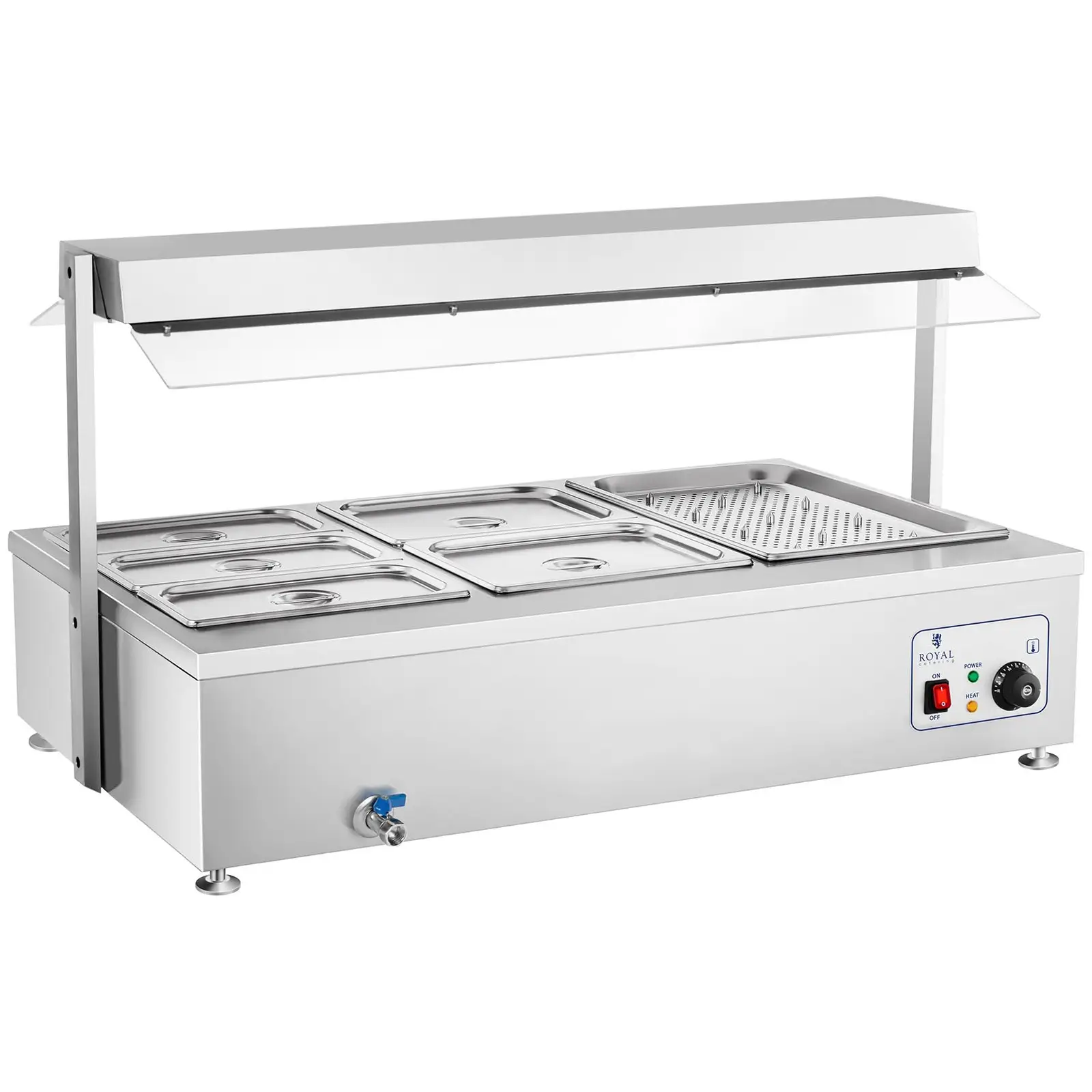 Bain Marie - 6 bacs GN - avec compartiment pour viande et robinet de vidange