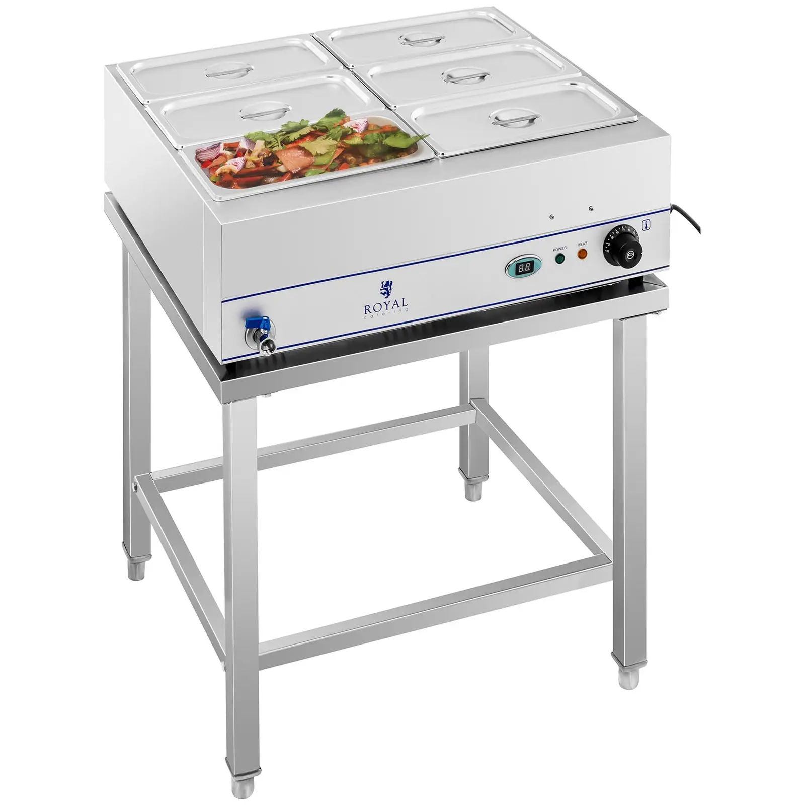 Bain-marie - 2 000 W - 6 bacs GN 1/3 - Avec table et robinet de vidange