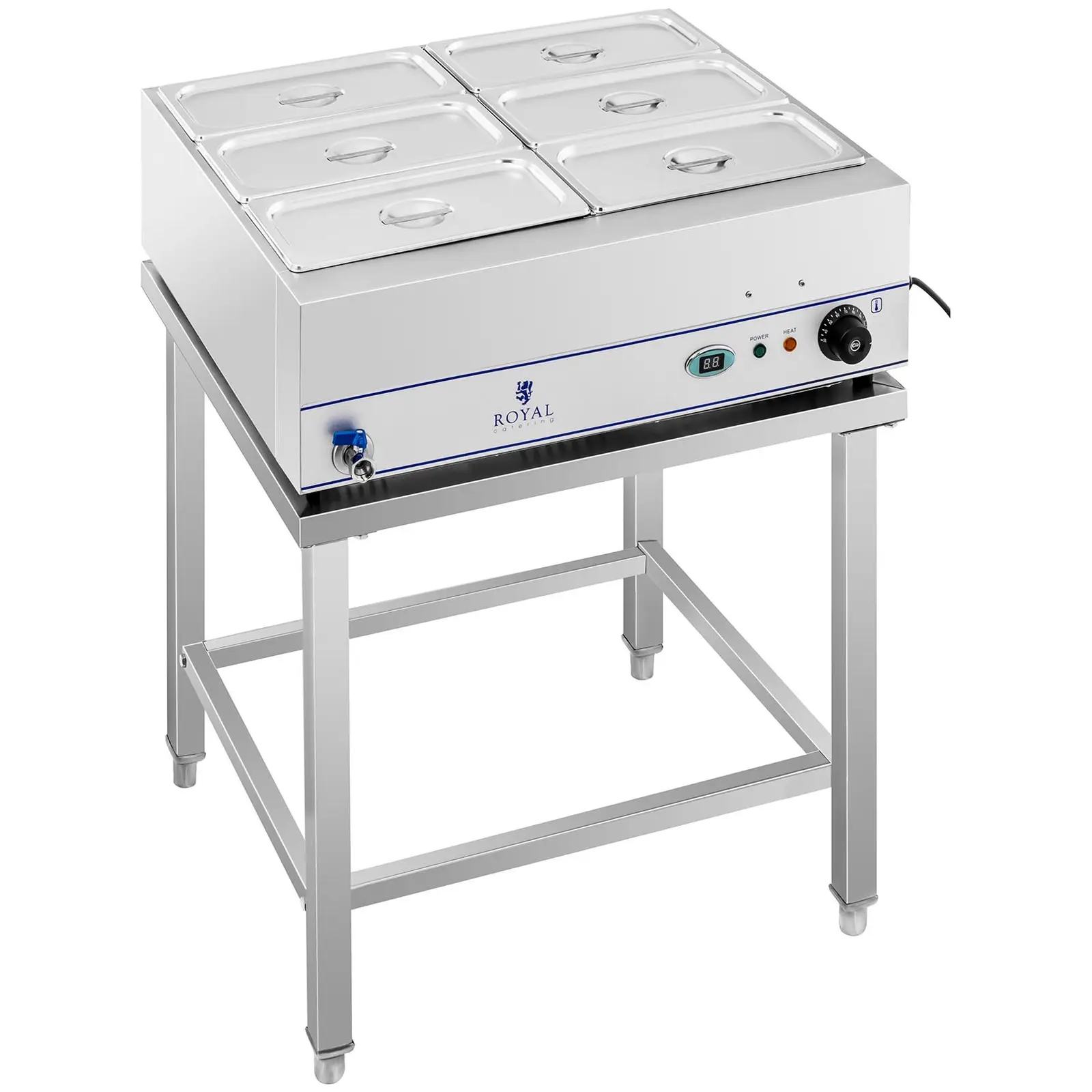 Bain-Marie - 2 000 W - 6 x 1/3 GN - s podstavcem a vypouštěcím kohoutem (Kryt: Ano)