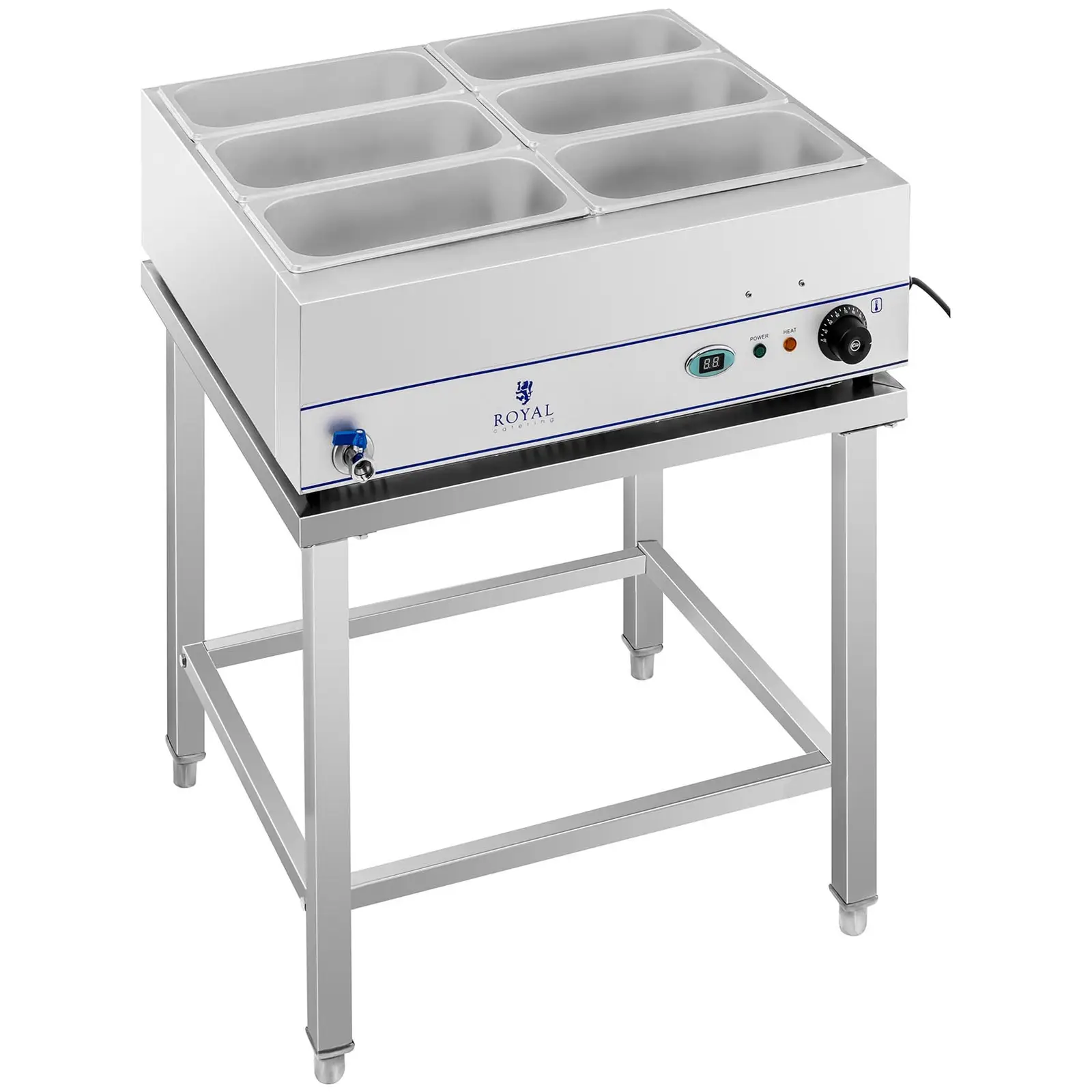 Bain-Marie - 2 000 W - 6 x 1/3 GN - s podstavcem a vypouštěcím kohoutem (Výpustný kohout: Ano)