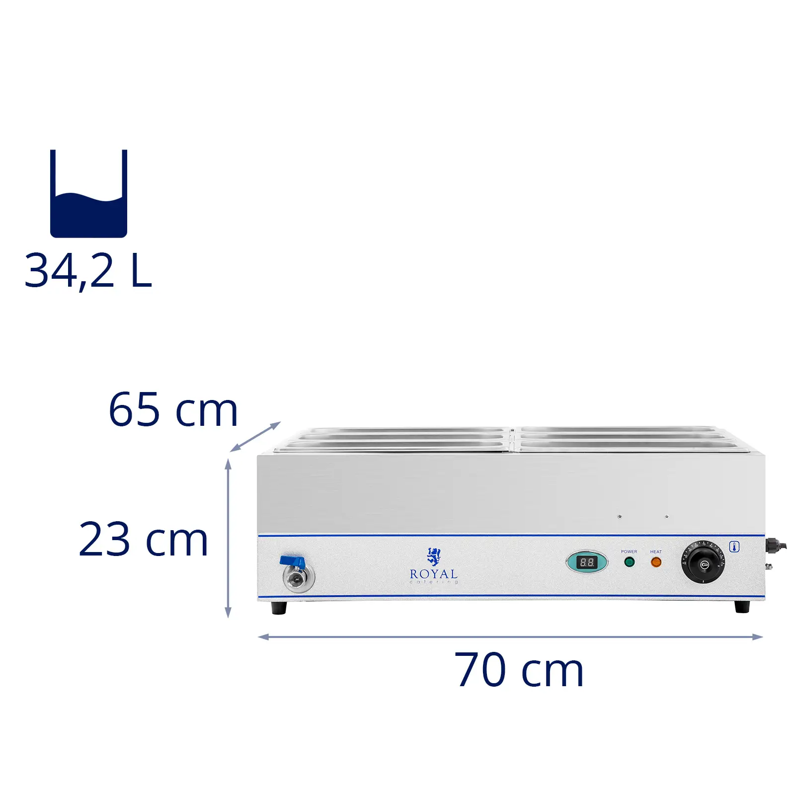 Bain-Marie - 2 000 W - 6 x 1/3 GN - s podstavcem a vypouštěcím kohoutem (Materiál: Ušlechtilá ocel)