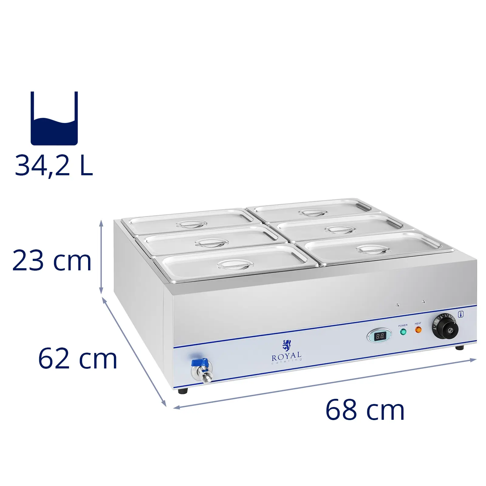 Bain Marie - 2 000 W - 6 x GN nádob 1/3 - s výpustí (Výkon [W]: 2000)