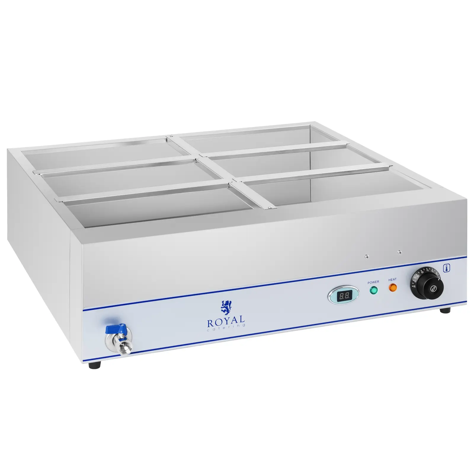 Bain Marie - 2 000 W - 6 x GN nádob 1/3 - s výpustí (Krycí sklo: Ne)
