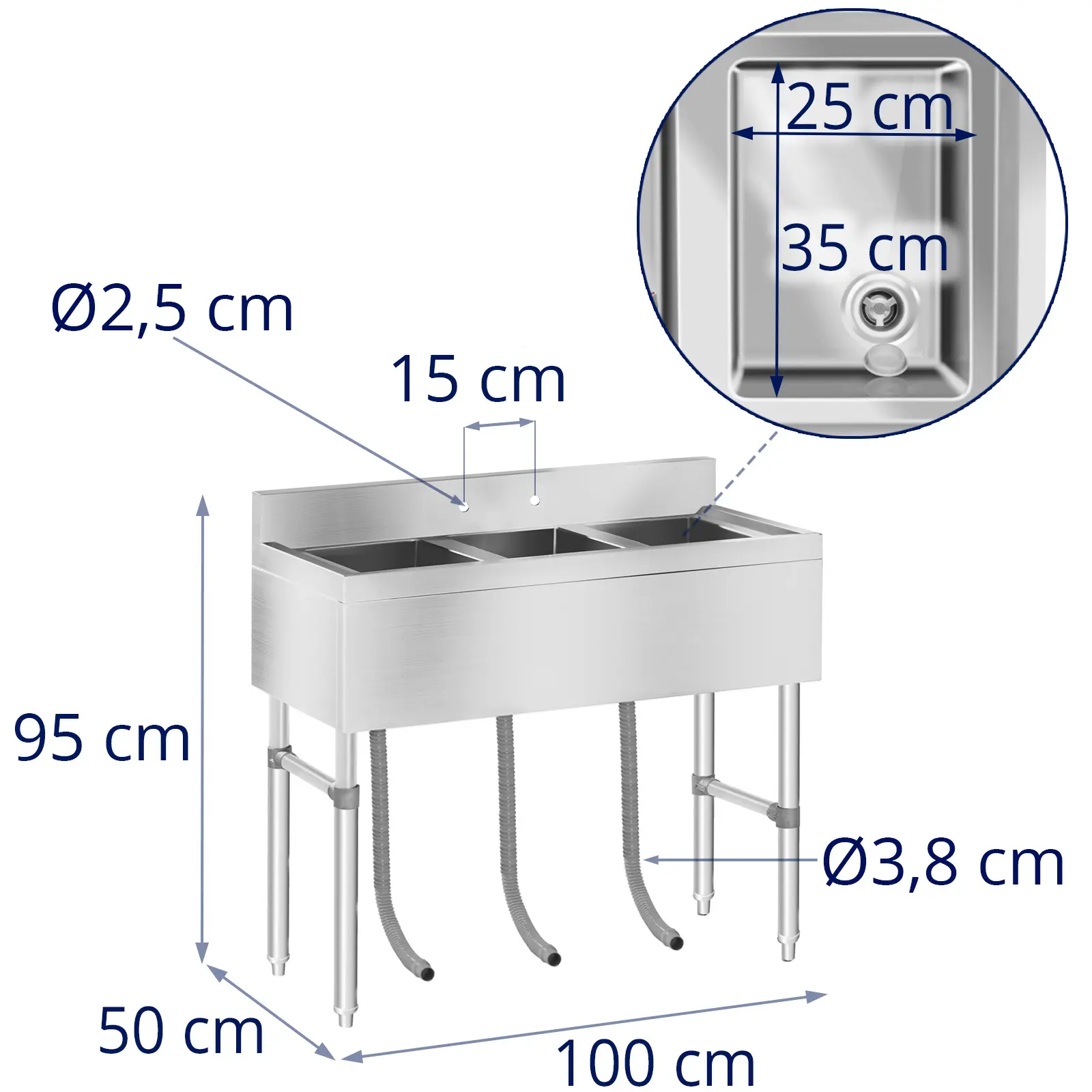 Stålvask - 3 vaske - 100 x 50 x 97 cm