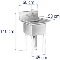 Lavello in acciaio inox industriale - 1 vasca – 58 x 60 x 110 cm