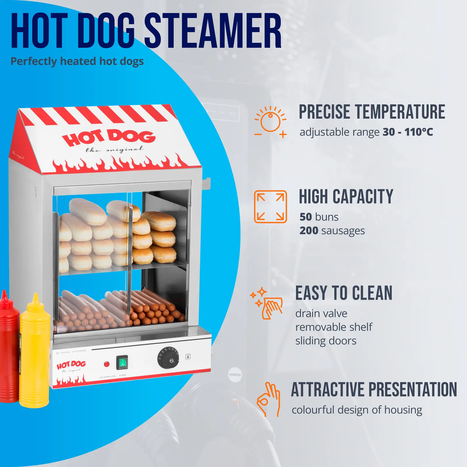 Podgrzewacz do hot dogów - 200 parówek / 50 bułek