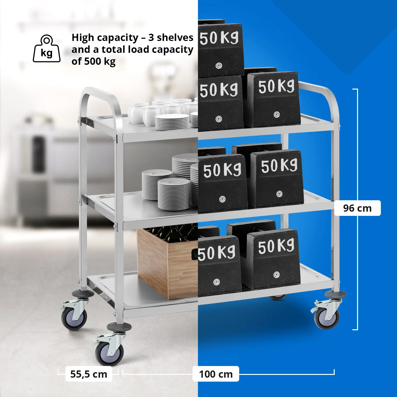 Chariot de service en acier inoxydable - 3 plateaux - 500 kg max.