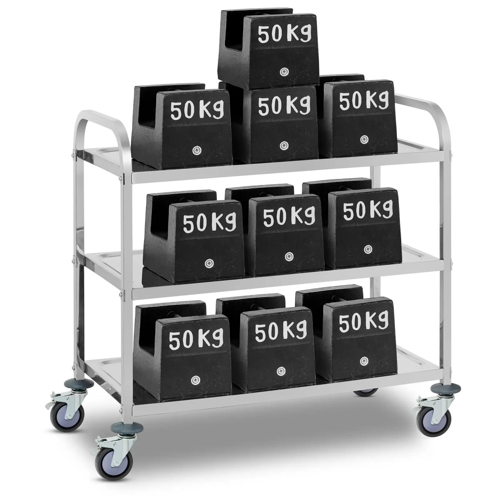 Servírovací vozík z ušlechtilé oceli - 3 police - až 500 kg (Průměr koleček: 100 mm)