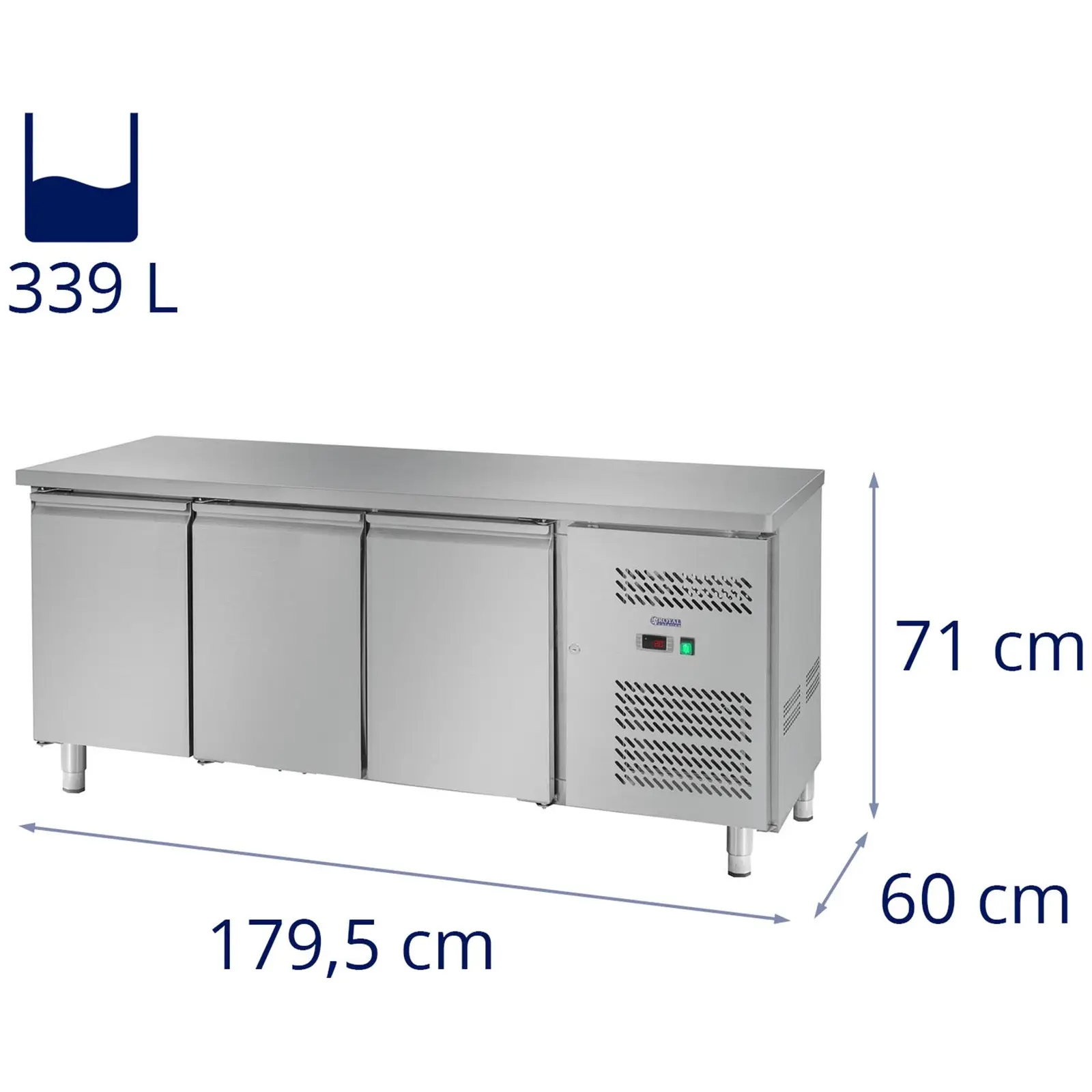 Kühltisch - 339 L - 3 Fächer - 179,5 x 60  cm - Klasse B - Edelstahl - Royal Catering