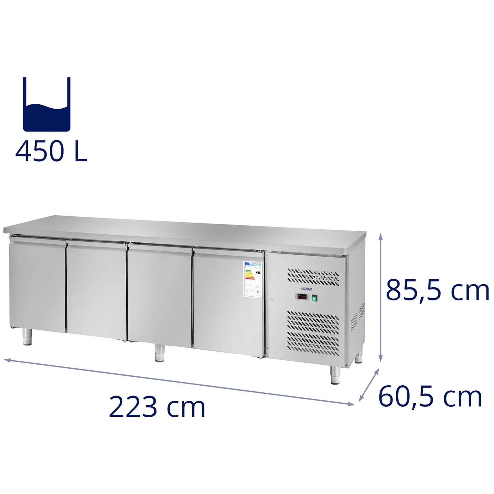 Kühltisch - 450 L - 4 Fächer - 227 x 64 cm - Klasse B - Edelstahl - Royal Catering