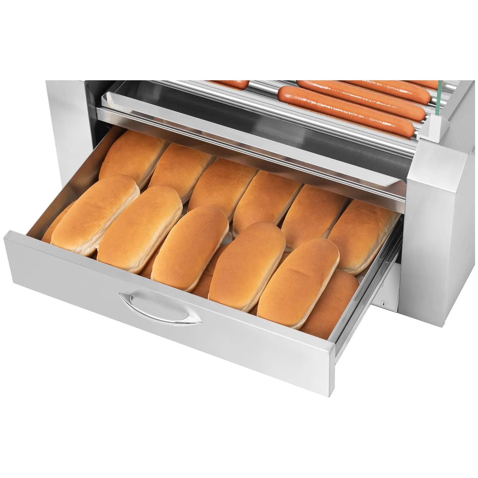Hot-dog -grilli - 11 rullaa - lämpölokero - ruostumaton teräs