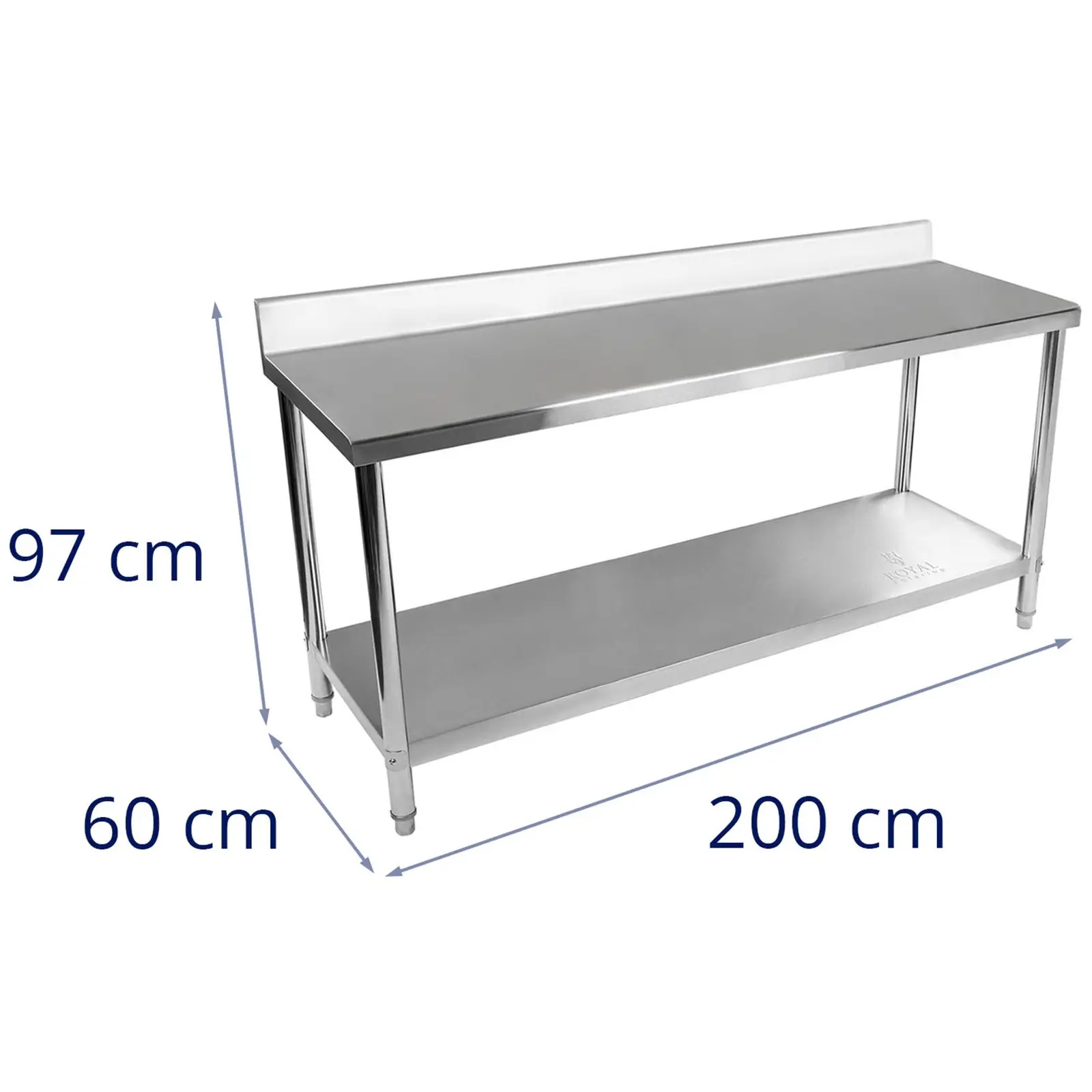 Pracovní stůl z ušlechtilé oceli - ECO - 200 x 60 cm - 195 kg - lemování - Royal Catering (Maximální odolnost dolní police: 100 kg)