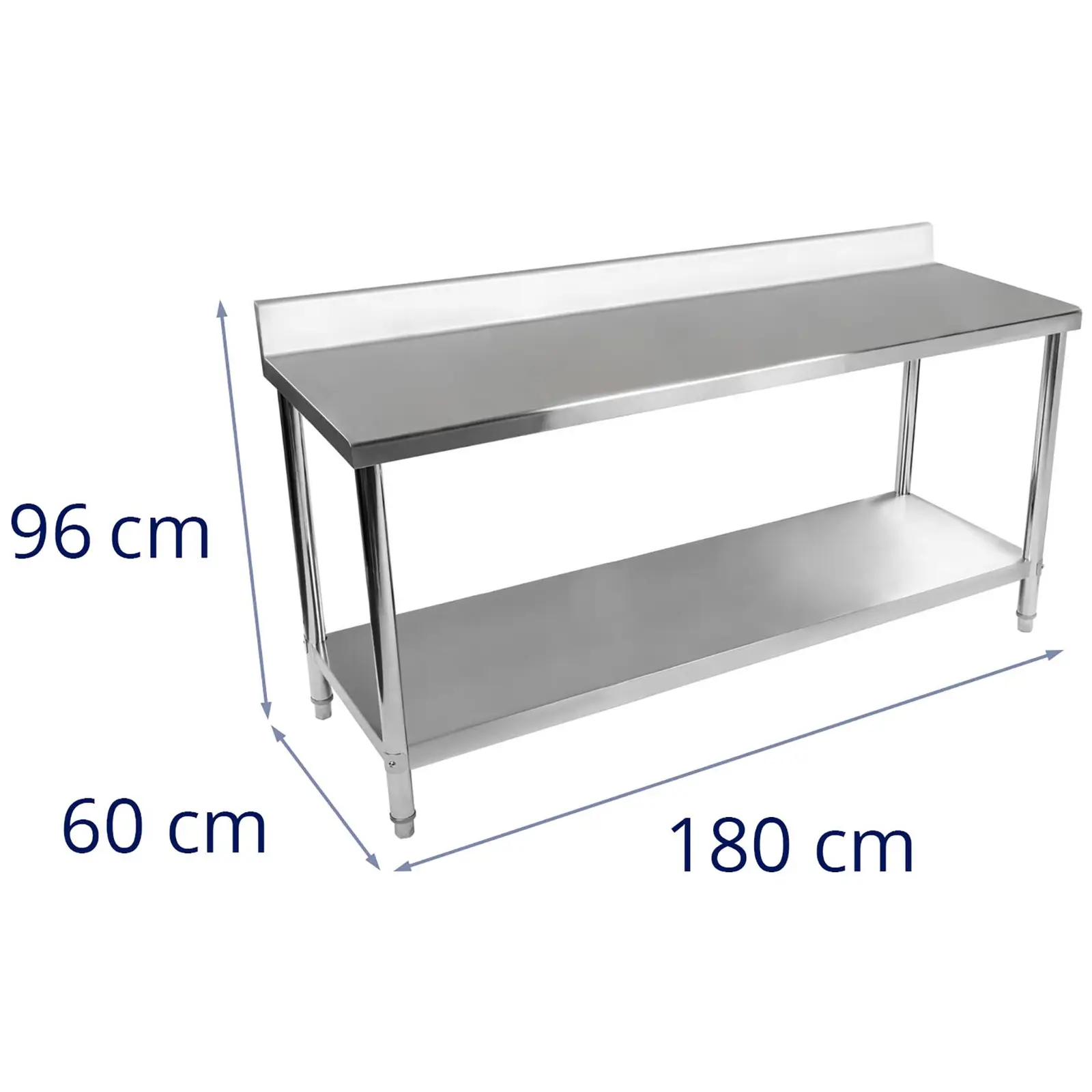 Rozsdamentes acél munkaasztal - 180 x 60 cm - karimával - 182 kg-os terhelhetőség