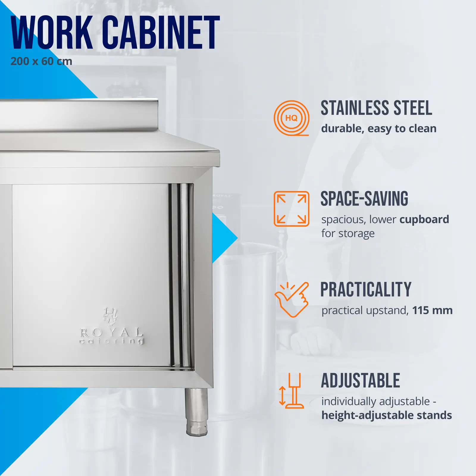 Pracovní skříň z ušlechtilé oceli - ECO - 200 x 60 cm - 160 kg - lemování - Royal Catering (Nastavitelná police: Ne)