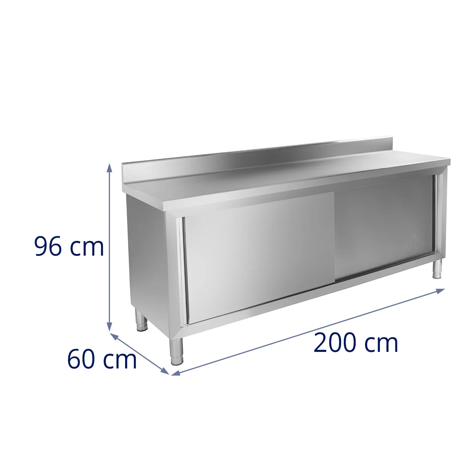 Pracovní skříň z ušlechtilé oceli - ECO - 200 x 60 cm - 160 kg - lemování - Royal Catering (Nastavení výšky nohou: 20 mm)