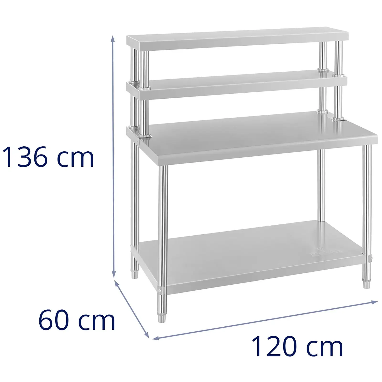 Pracovní stůl z ušlechtilé oceli s nástavbou - ECO - 120 x 60 cm - 175 kg - 2 police - Royal Catering (Počet polic: 4)