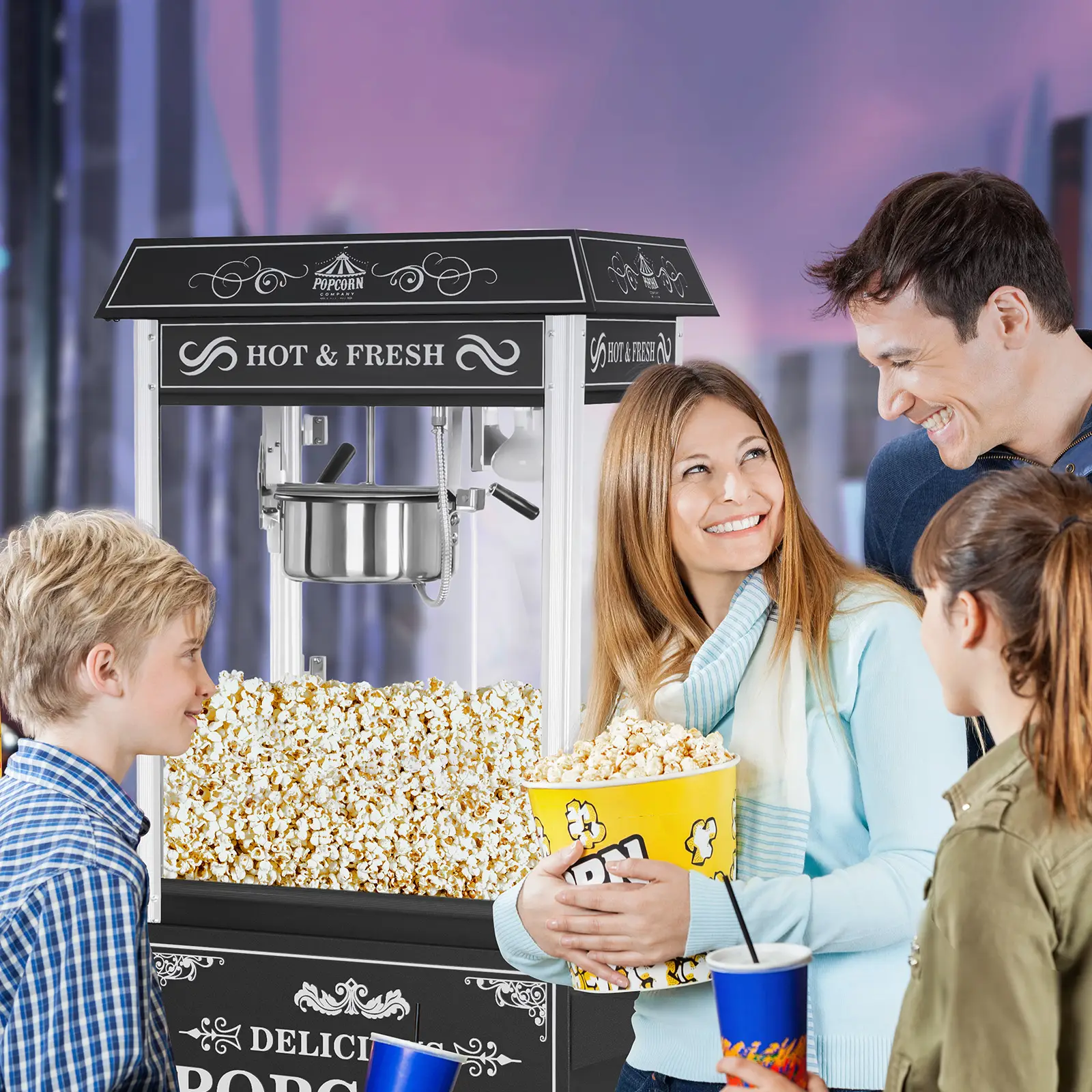 Stroj na popcorn s vozíkem - retro design - černý - Royal Catering (Kolečka otočná o 360°: Ano)