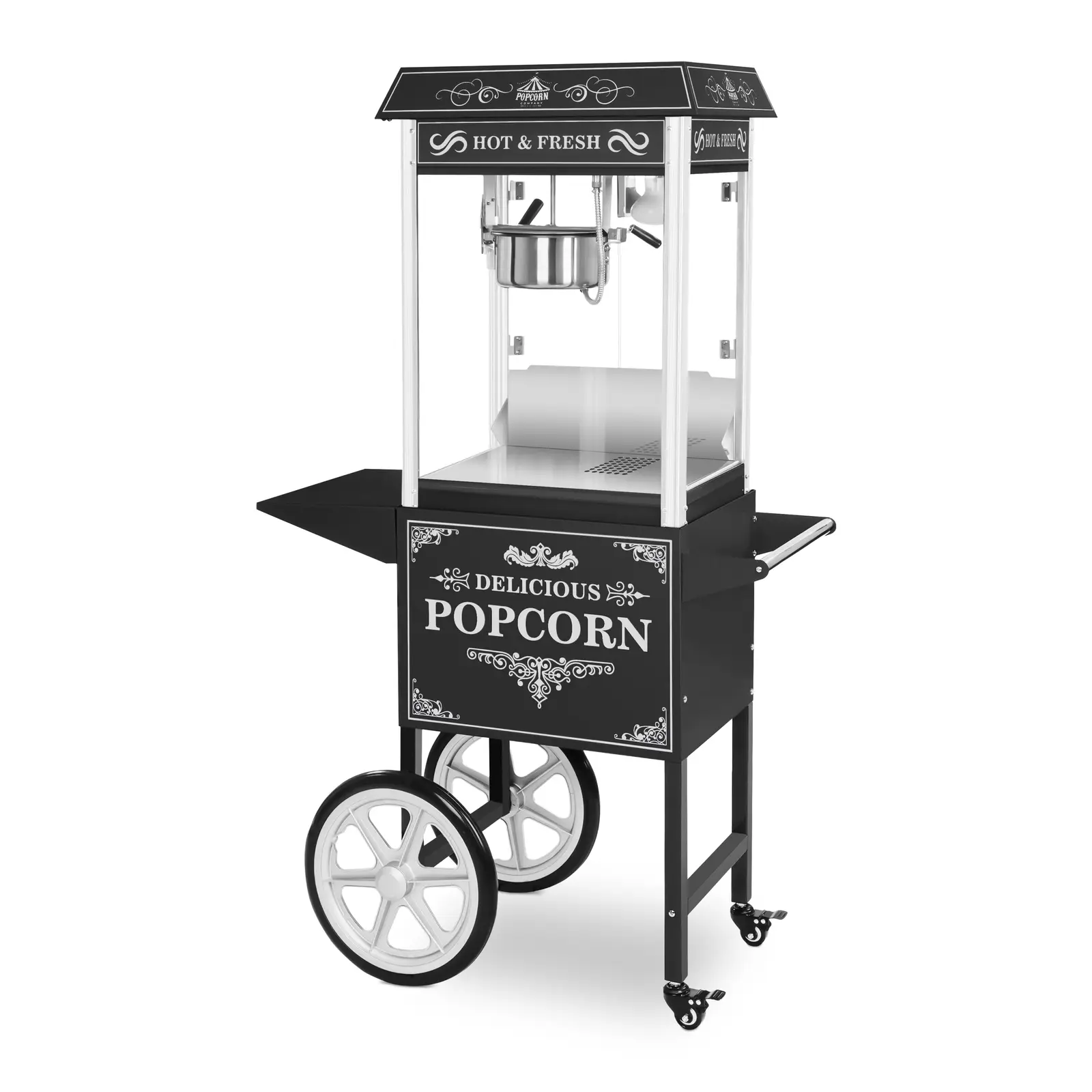 Macchina per popcorn con carretto - Design retró - Nera - Royal Catering