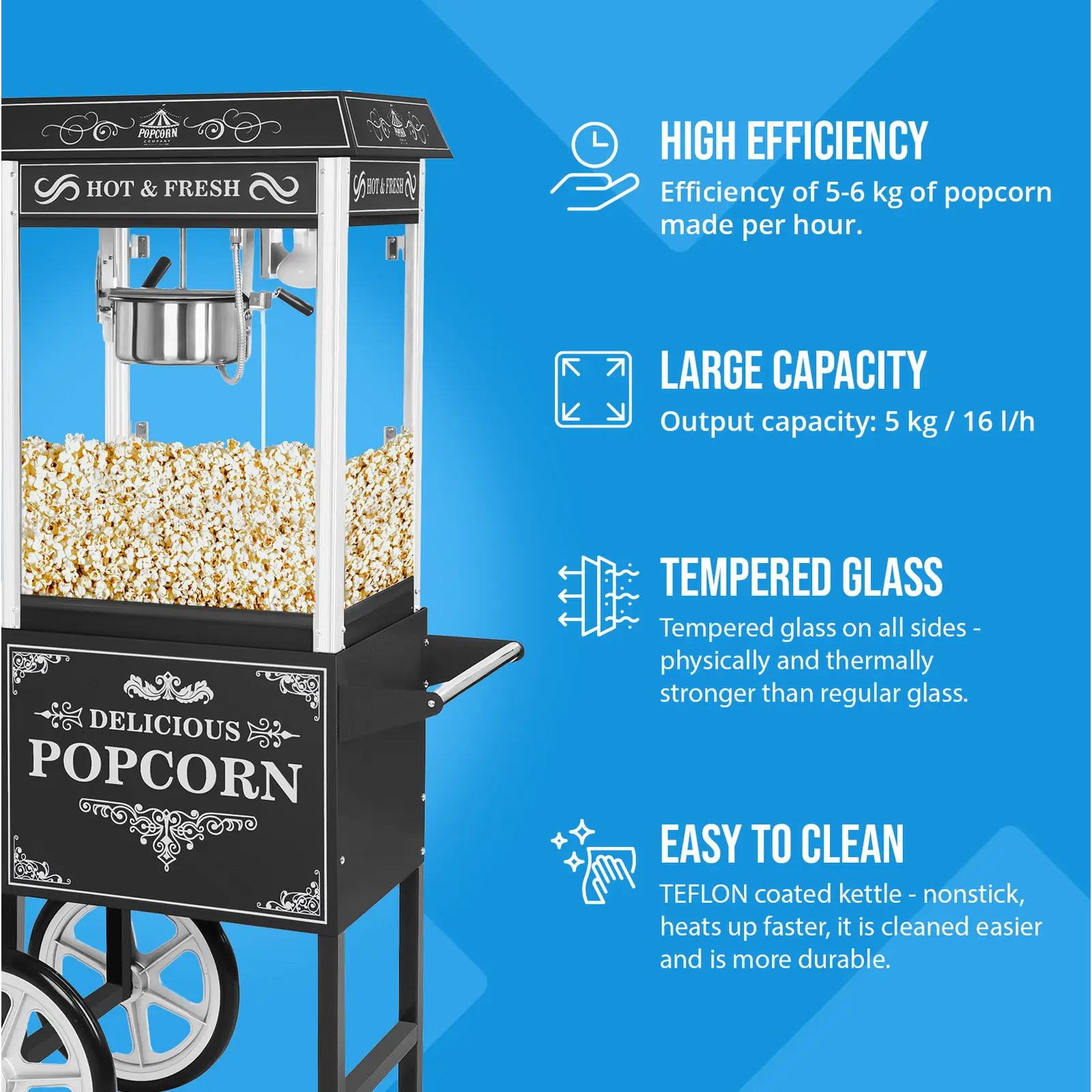 Stroj na popcorn s vozíkem - retro design - černý - Royal Catering (Vozík: Ano)