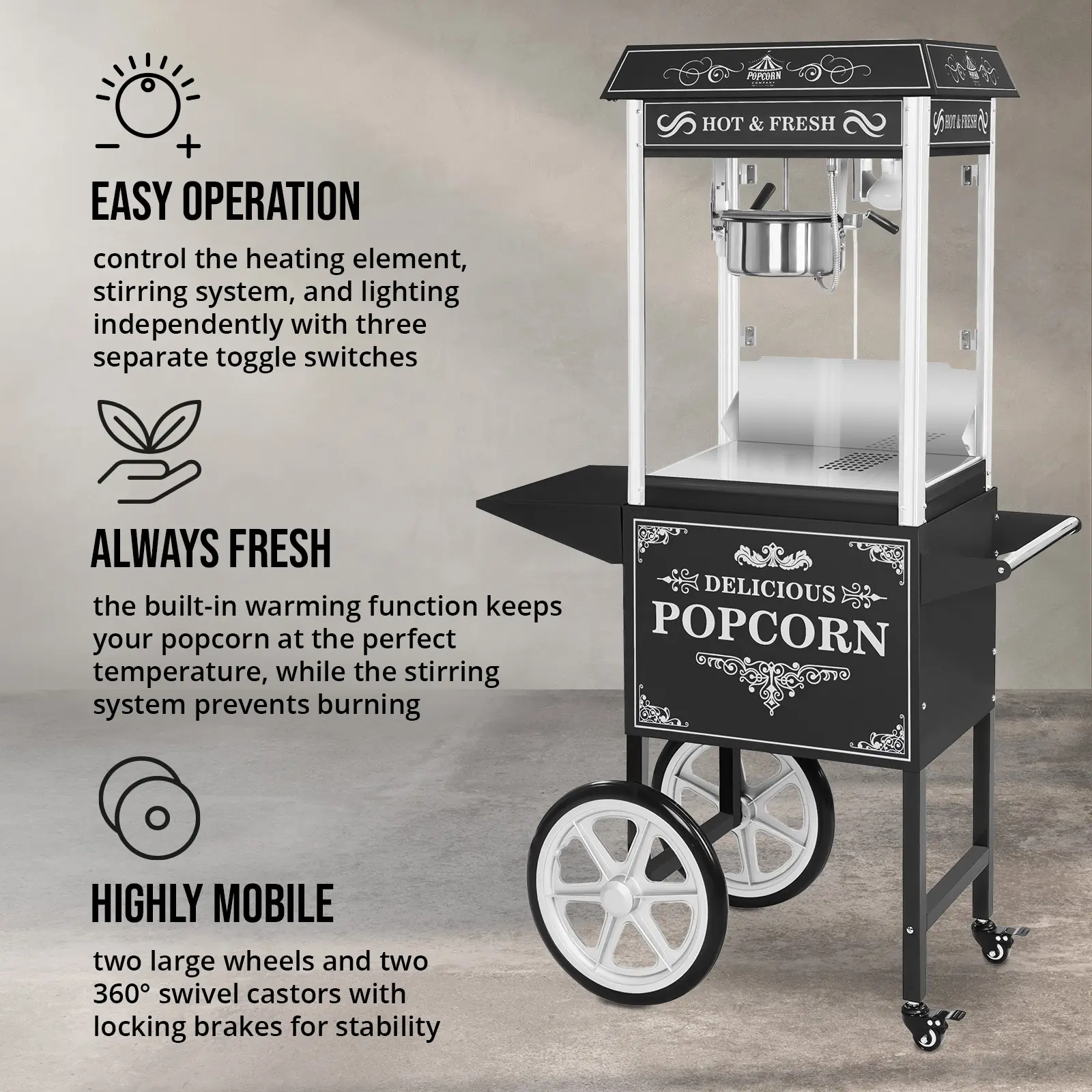 Stroj na popcorn s vozíkem - retro design - černý - Royal Catering (Frekvence [Hz]: 50)