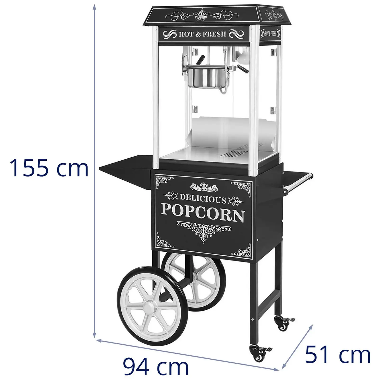 Stroj na popcorn s vozíkom - retro design - čierny