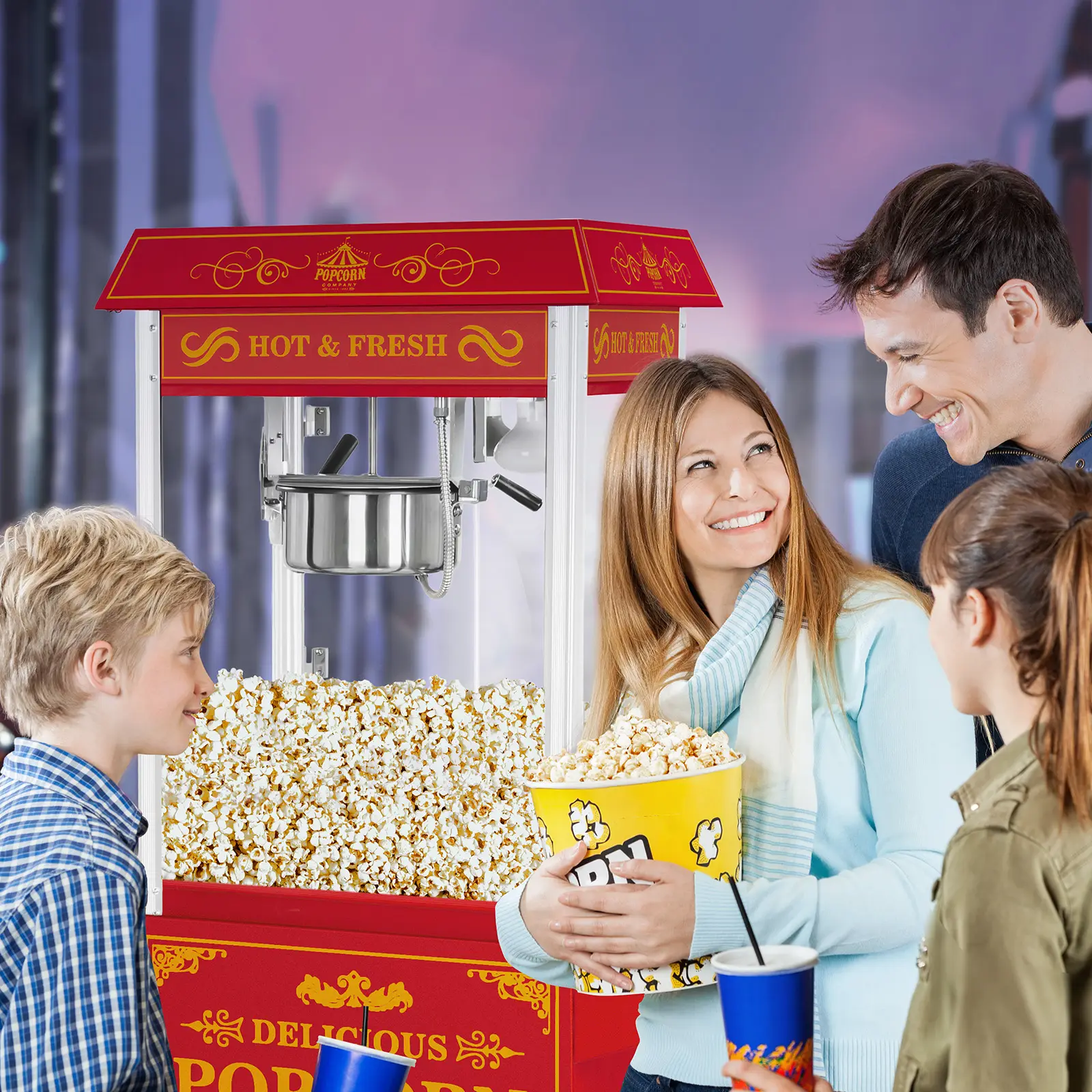 Popcornmaskin med vogn - retrodesign - rød