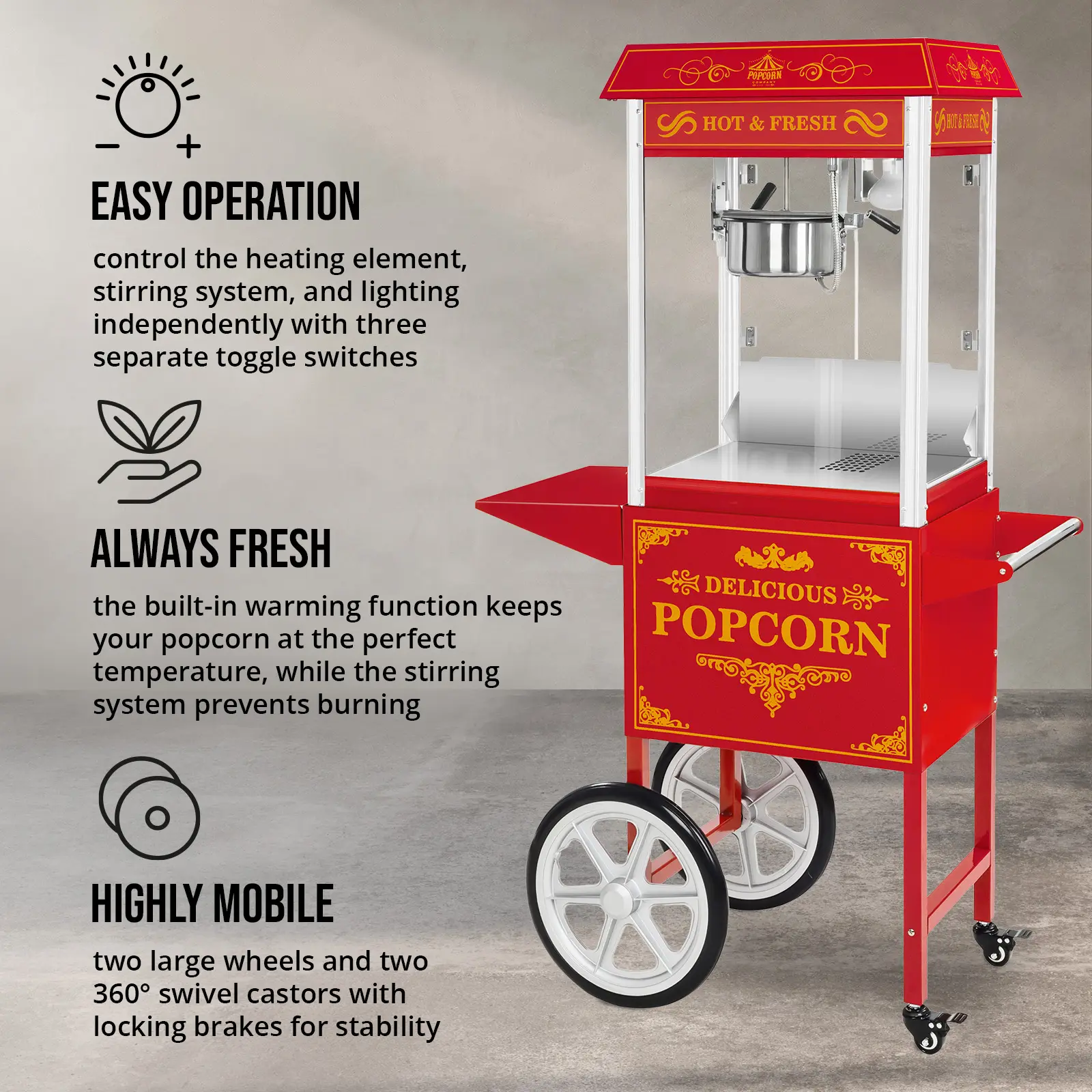 Popcorn Machine with Cart - retro design - red