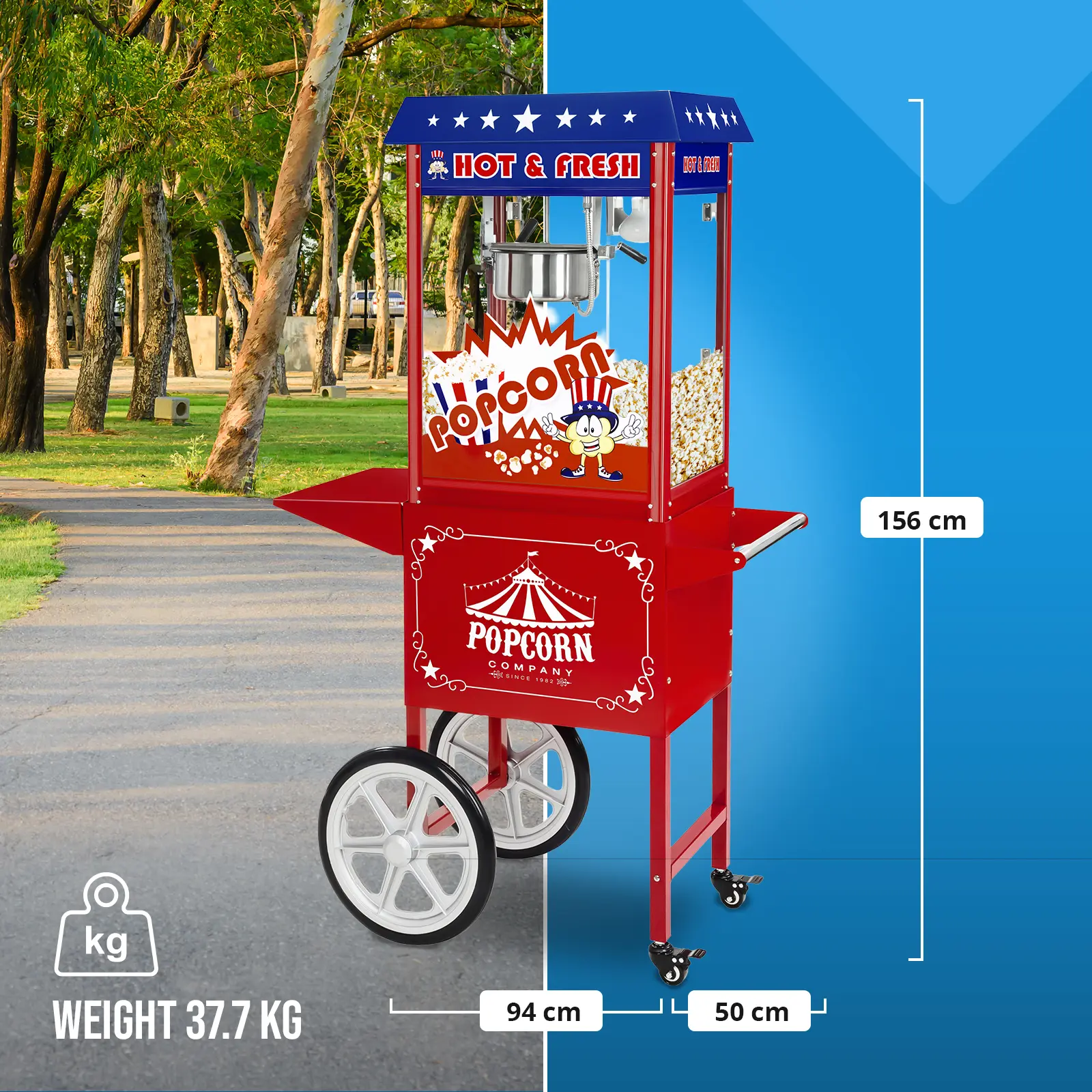 Stroj na popcorn - vč. vozíku - USA design (Materiál: Ušlechtilá ocel)