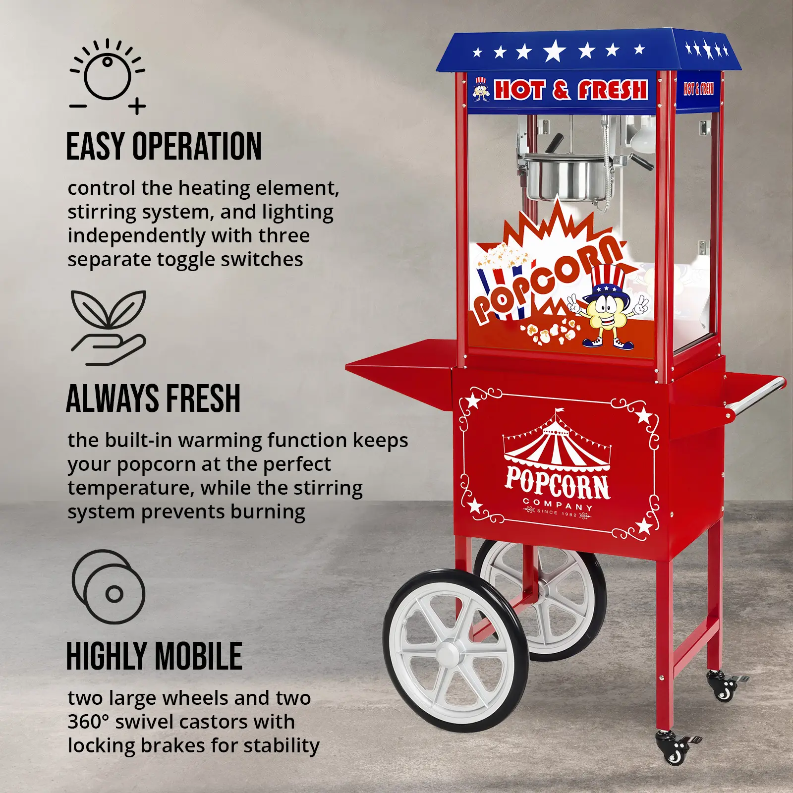 Stroj na popcorn - vč. vozíku - USA design (Frekvence [Hz]: 50)