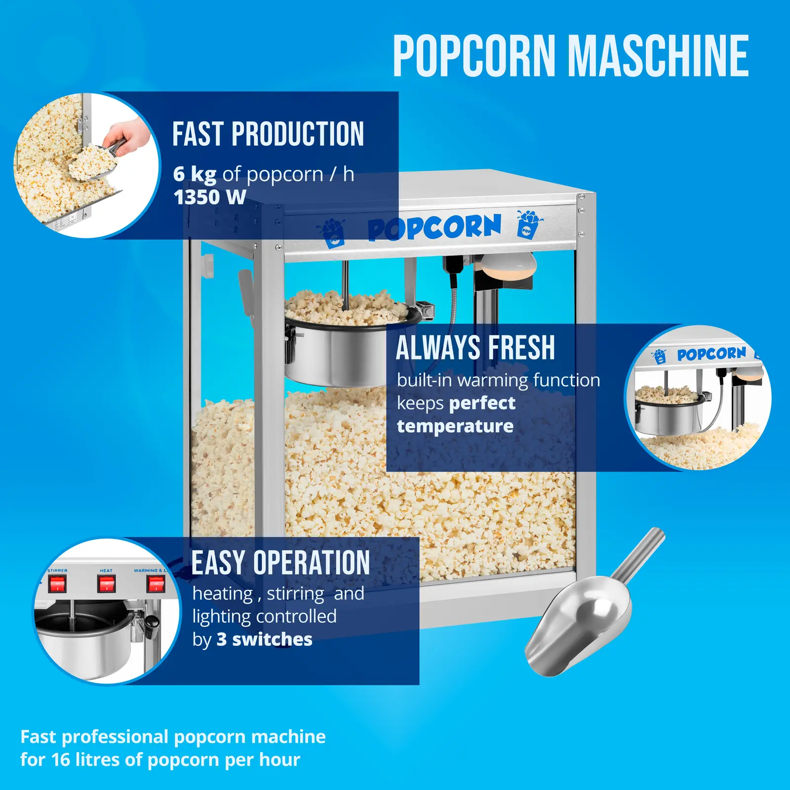 Stroj na popcorn z ušlechtilé oceli - vysoký výkon 1 350 W, kapacita 5–6 kg/h (Osvětlení: Ano)