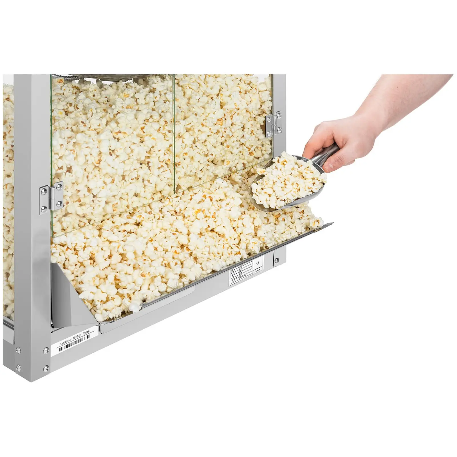 Stroj na popcorn z ušlechtilé oceli - vysoký výkon 1 350 W, kapacita 5–6 kg/h (Zásuvka na drobky: Ano)