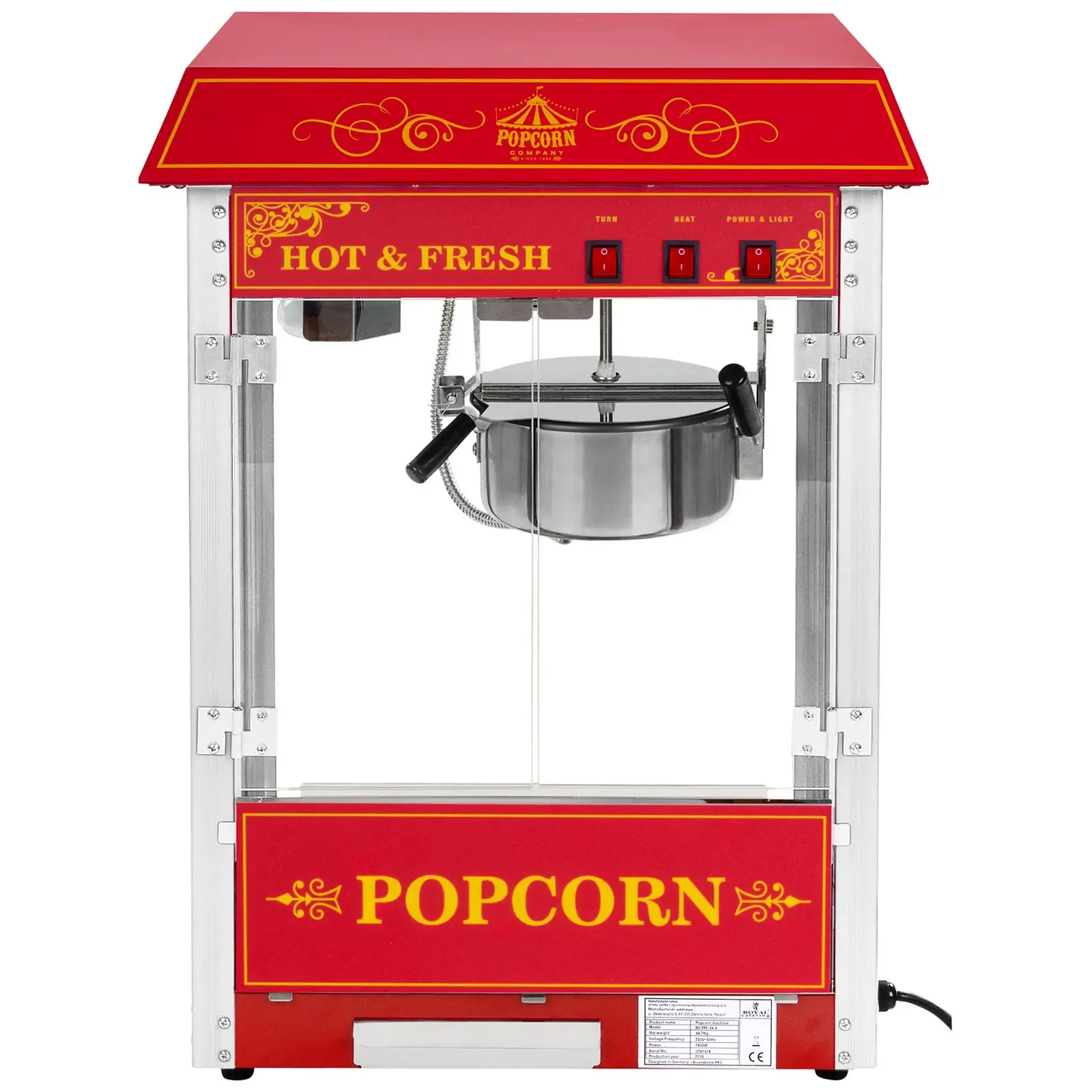 Machine à popcorn - Design rétro - rouge (Chariot: Non)