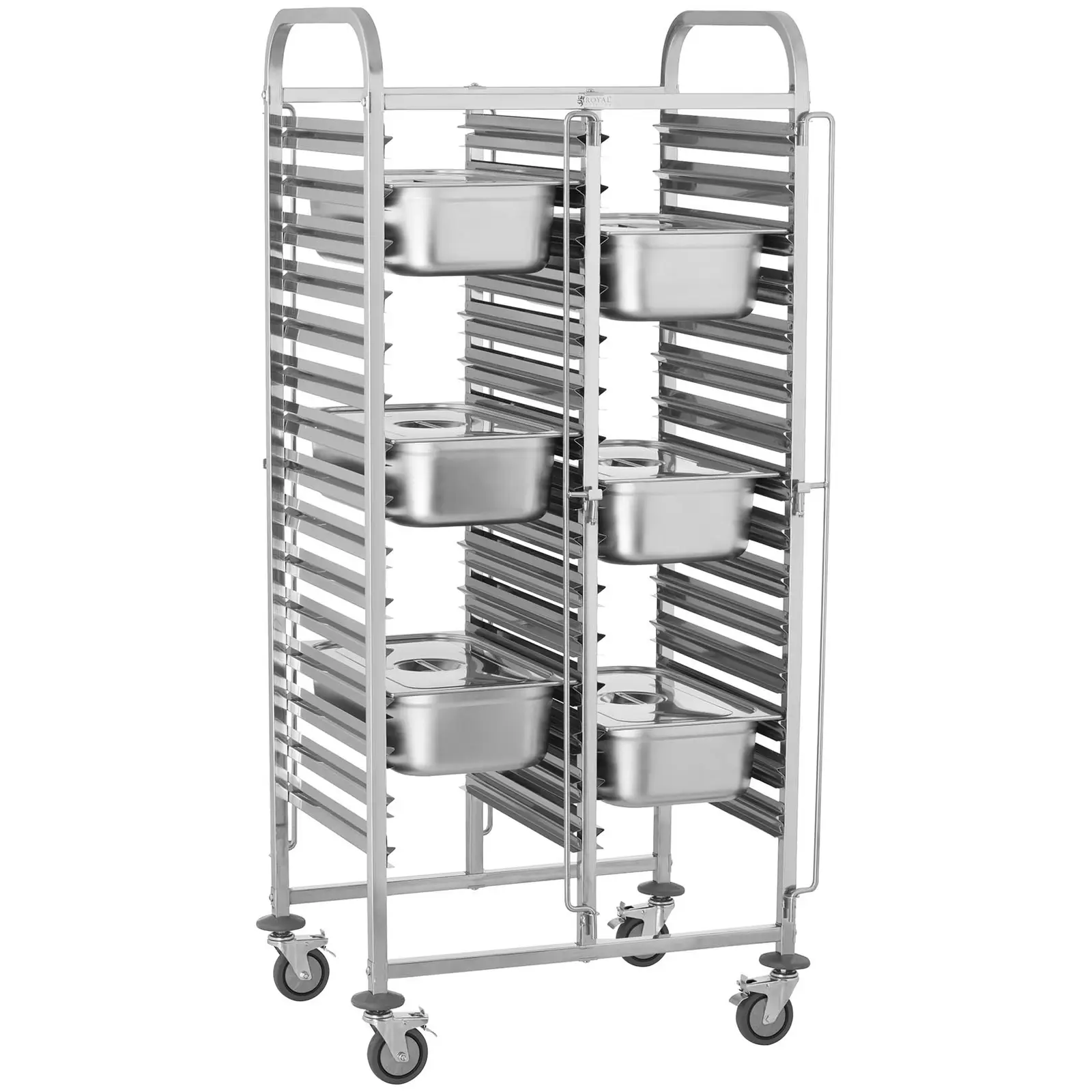 Tablettwagen doppelt - Edelstahl - für 30 x GN 1/1 - Längseinschub - 300 kg - 4 Sicherheitsbügel - Royal Catering 