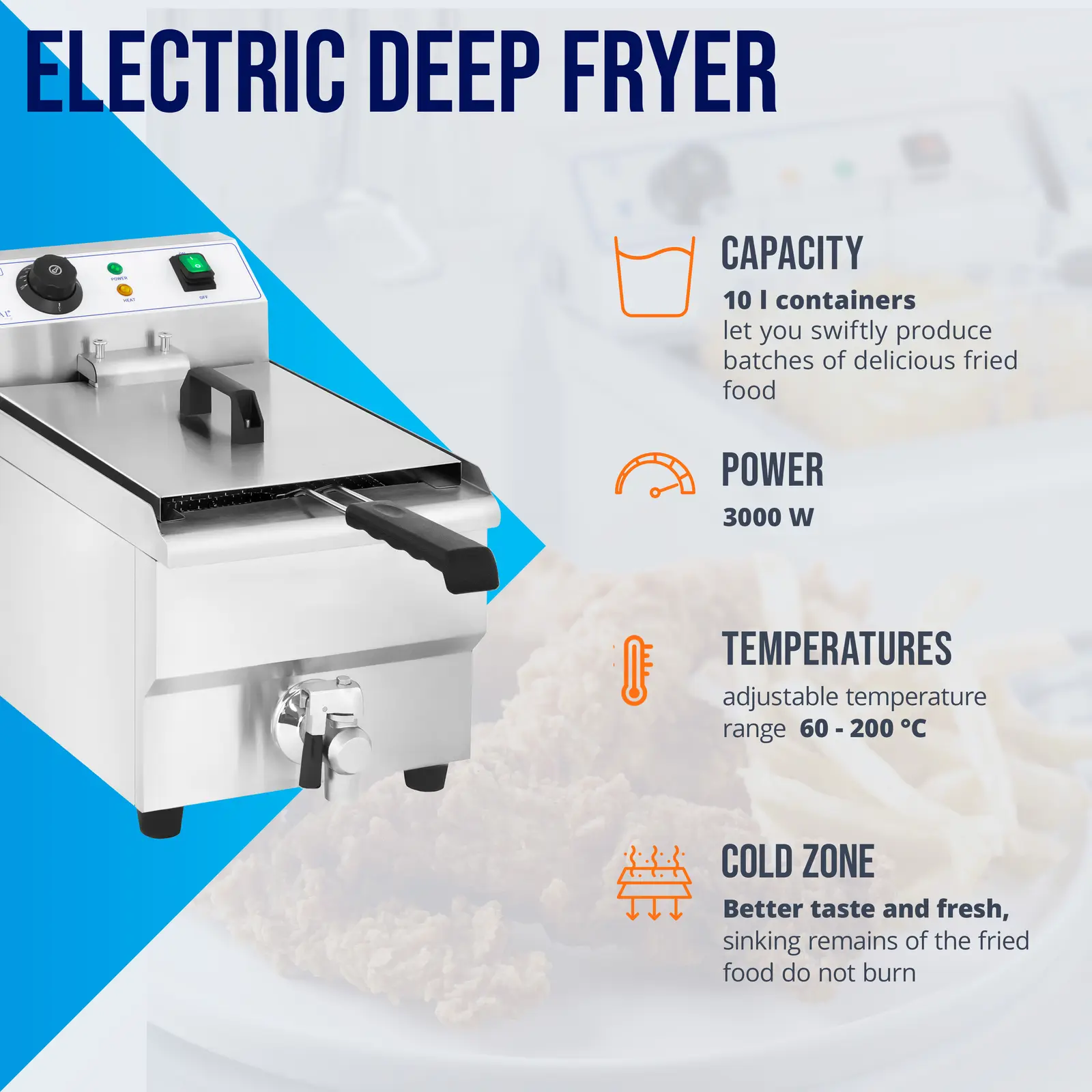 Elektrická fritéza - 10 l - 3 000 W - vypouštěcí kohout - Royal Catering (Výpustný kohout: Ano)
